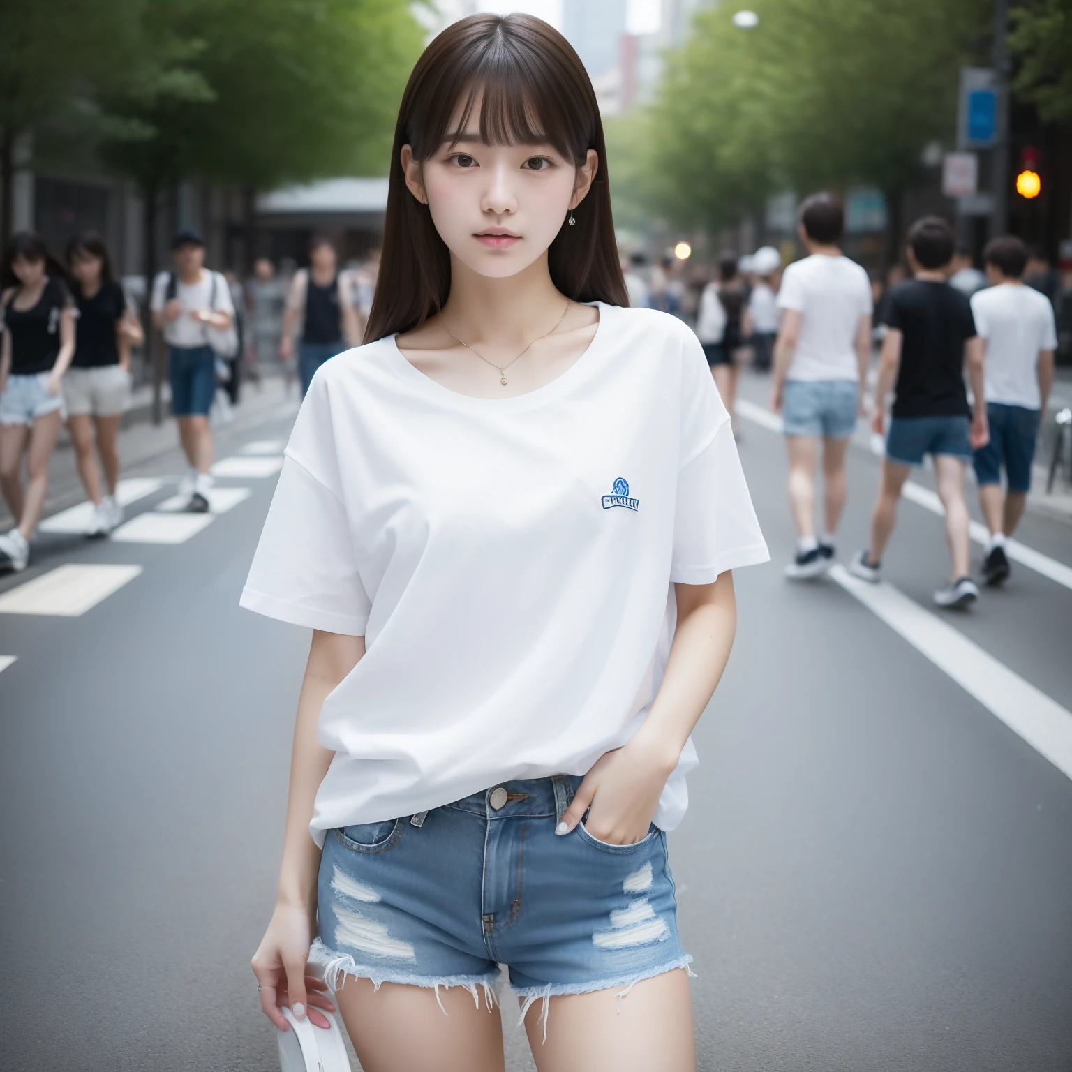 18-year-old Japanese woman,whitet-shirt,Denim super shorts,White sneakers,On the lively streets,(best quality), (masterpiece), (highres), original, extremely detailed 8K wallpaper, (an extremely delicate)