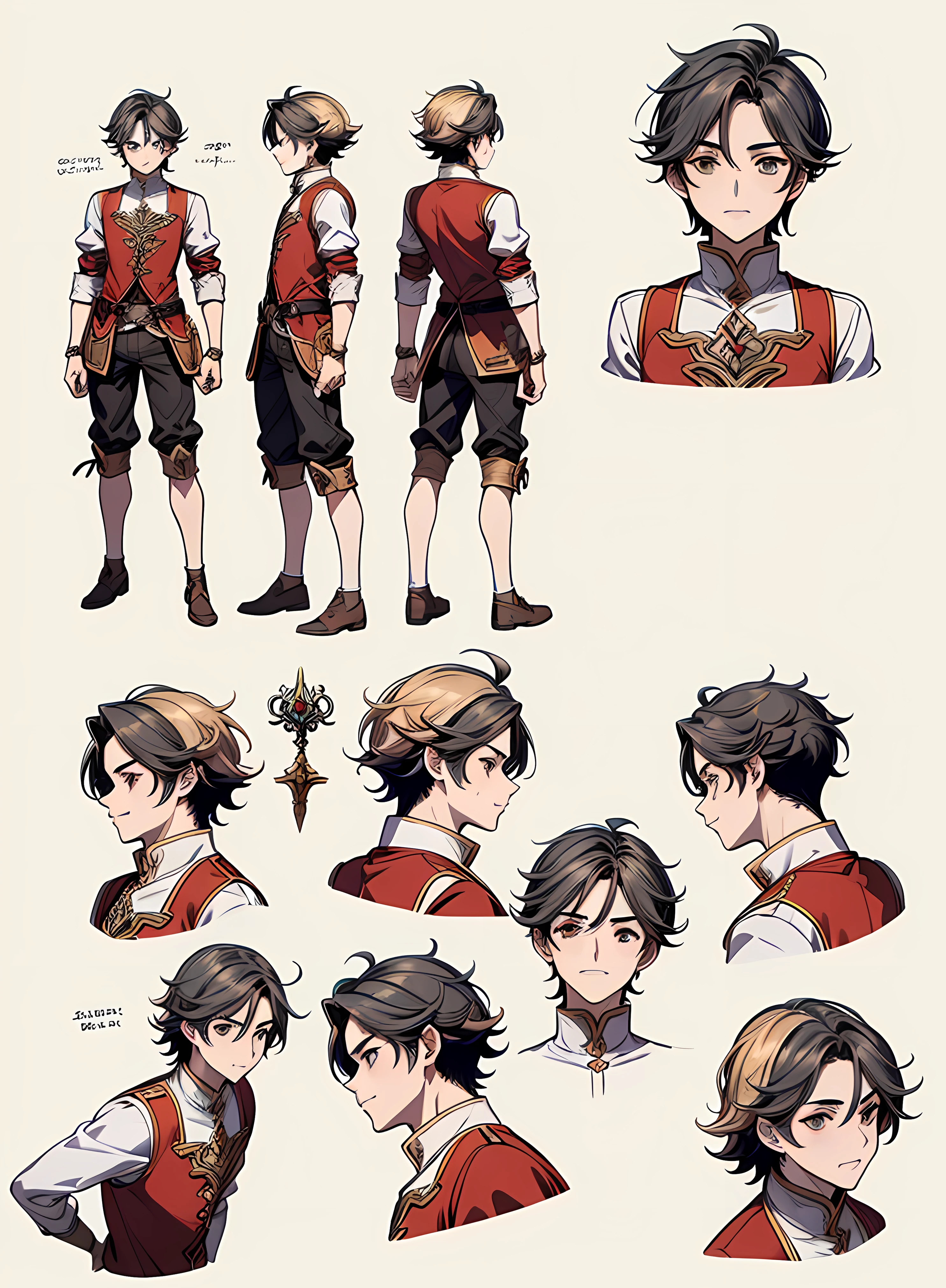 " (em 4k), (em estilo GRANBLUE FANTASY), (model sheet), (maximum details),  (roupa no drip de mago com sobre tudo), (um homem muito bonito com 16 anos de idade), (Athletic body his height is 1,90), (cabelo ruivo laranja), (olhos amarelos), (mesmo personagem em cada pose ou imagem) " .