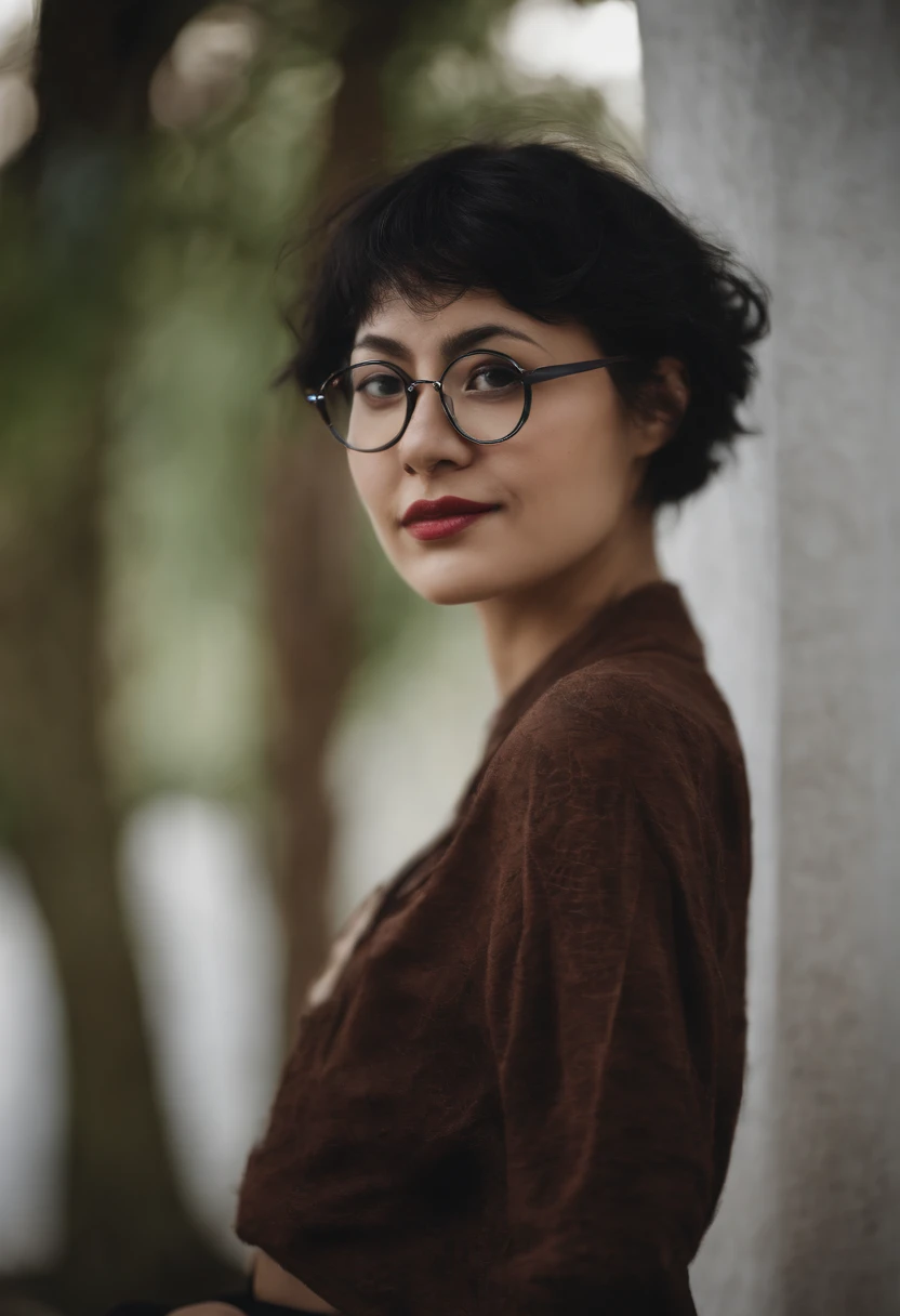 girl with round glasses, wearing a oversized crop top shirt and tights, with short, messy black hair that is neck length, and slightly large breasts