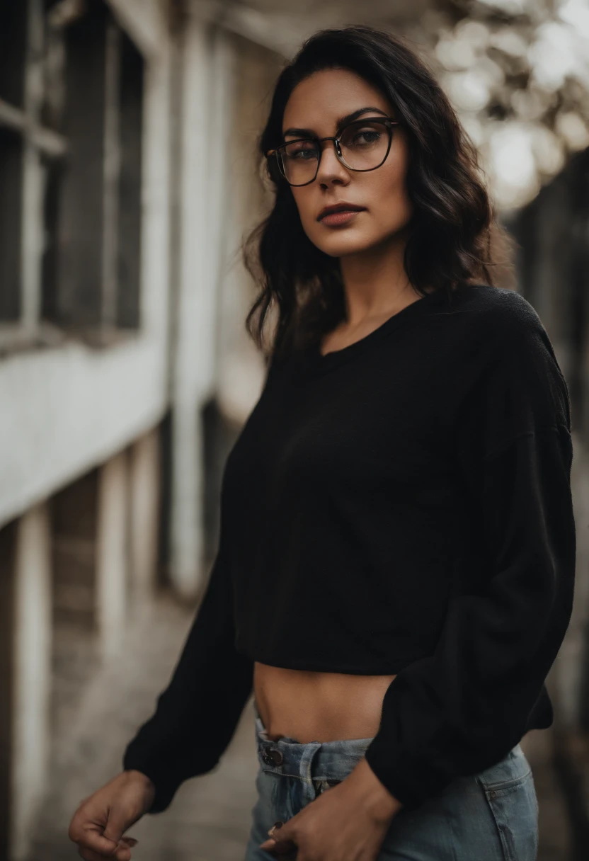girl with round glasses, wearing a oversized crop top shirt and tights, with short, messy black hair that is neck length, and slightly large breasts