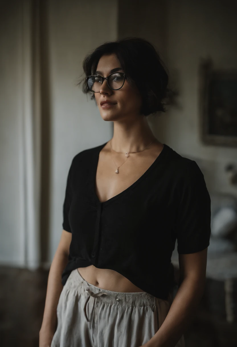 girl with round glasses, wearing a oversized crop top shirt and tights, with short, messy black hair that is neck length, and slightly large breasts
