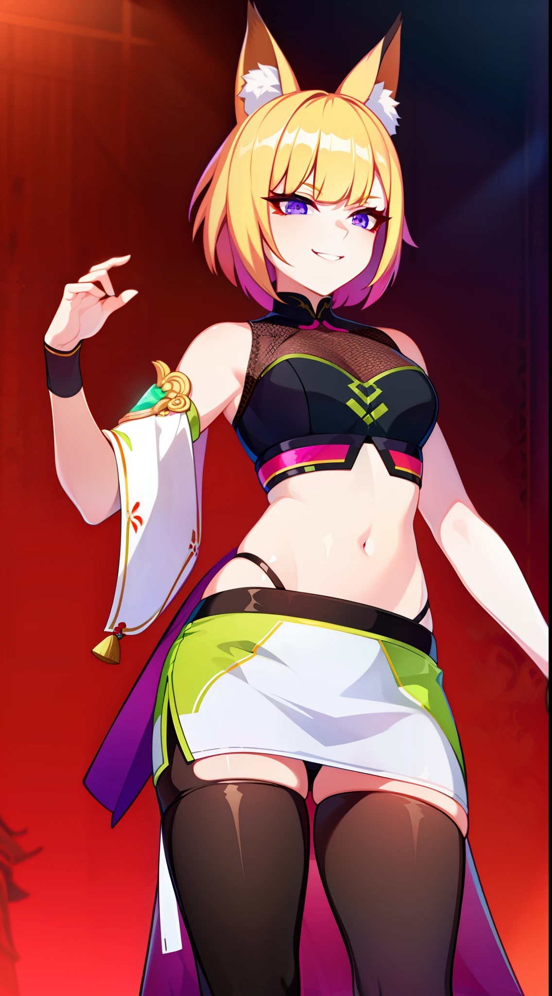 young girl, short blonde hair, Fox ears, violet eyes, long chinese skirt, Green Chinese tight top, open belly, smirk, Masterpiece, hiquality