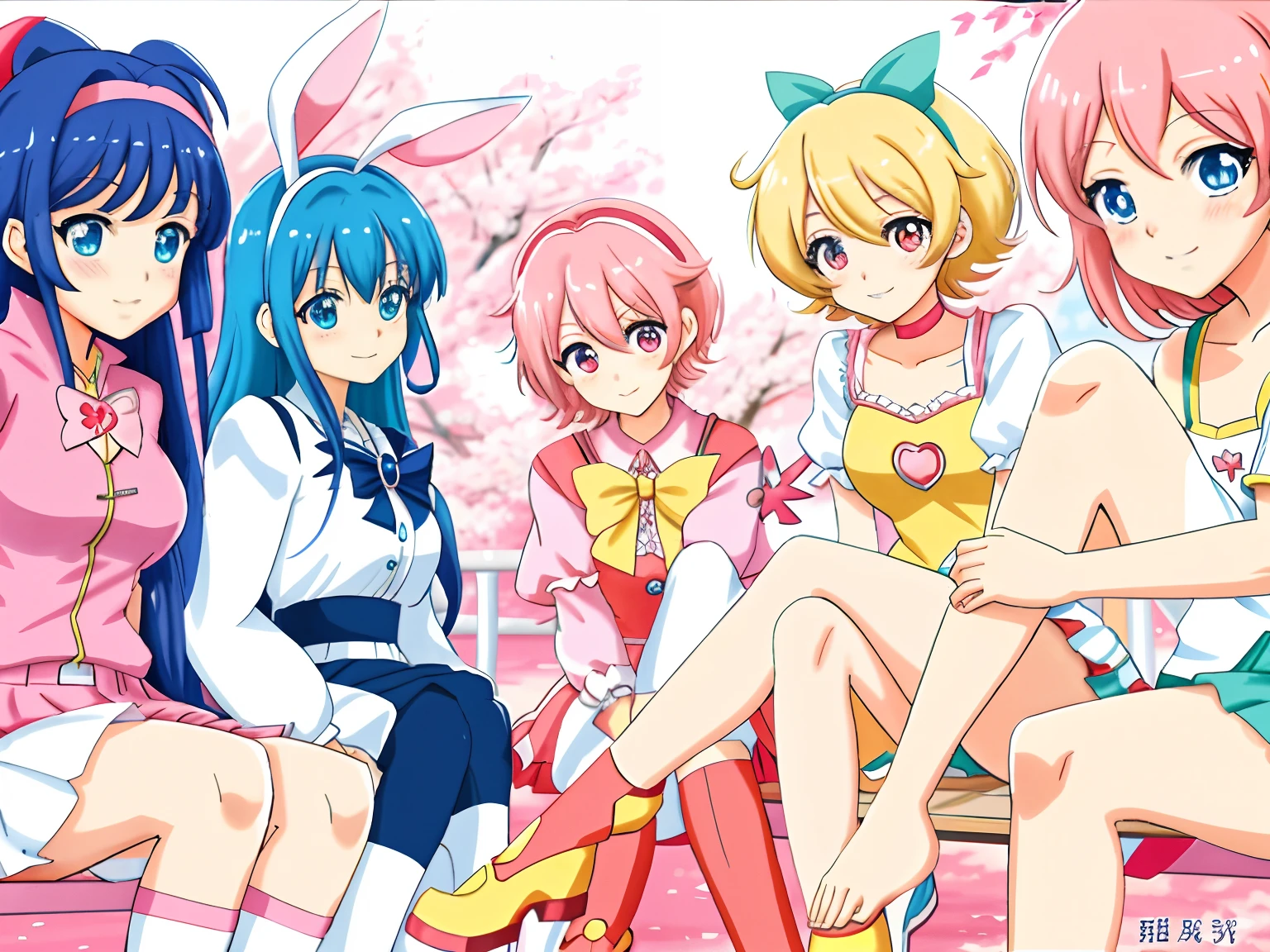 Anime characters sitting on benches，legs crossed, magical girl anime mahou shojo, Edgeie anime style, gainax anime style, in the art style of 8 0 s anime, anime cartoon, perfect android girl family, 2d anime, eechi, in ryuuou no oshigoto art style, Anime girls, Edgee style