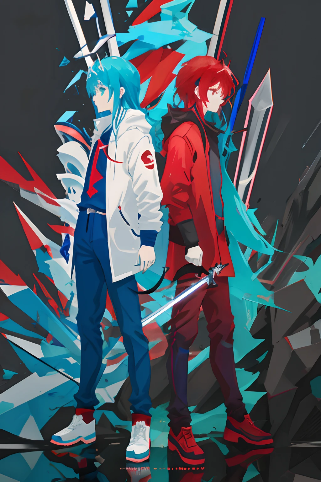 Two anime characters stand side by side with swords, Cyan sickle,red and cyan, Blue and red, 2 d anime style, Red and blue, Blue or red, red and cyan theme, vermillion and cyan, author：New Art, very modern anime style, trending on artstation pixiv, zerochan art, 2d anime, modern anime style