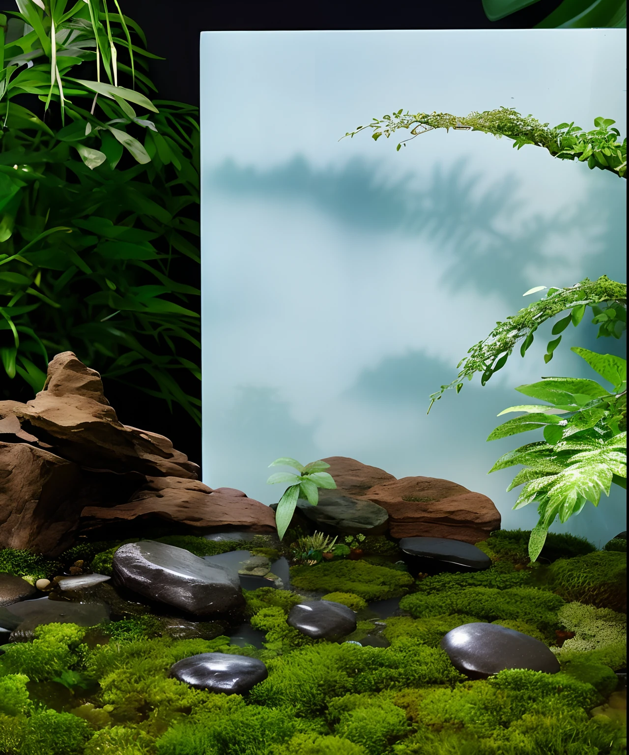 There is a small rock garden,There is a small pond and a small tree, Water flows inside the terrarium, Detailed scenery —width 672, Atmospheric animal farms, river with low hanging plants, miniature forest, lush plants and bonsai trees, Iwakou aquarium landscape, Features a miniature indoor lake, zen natural background, moss landscape