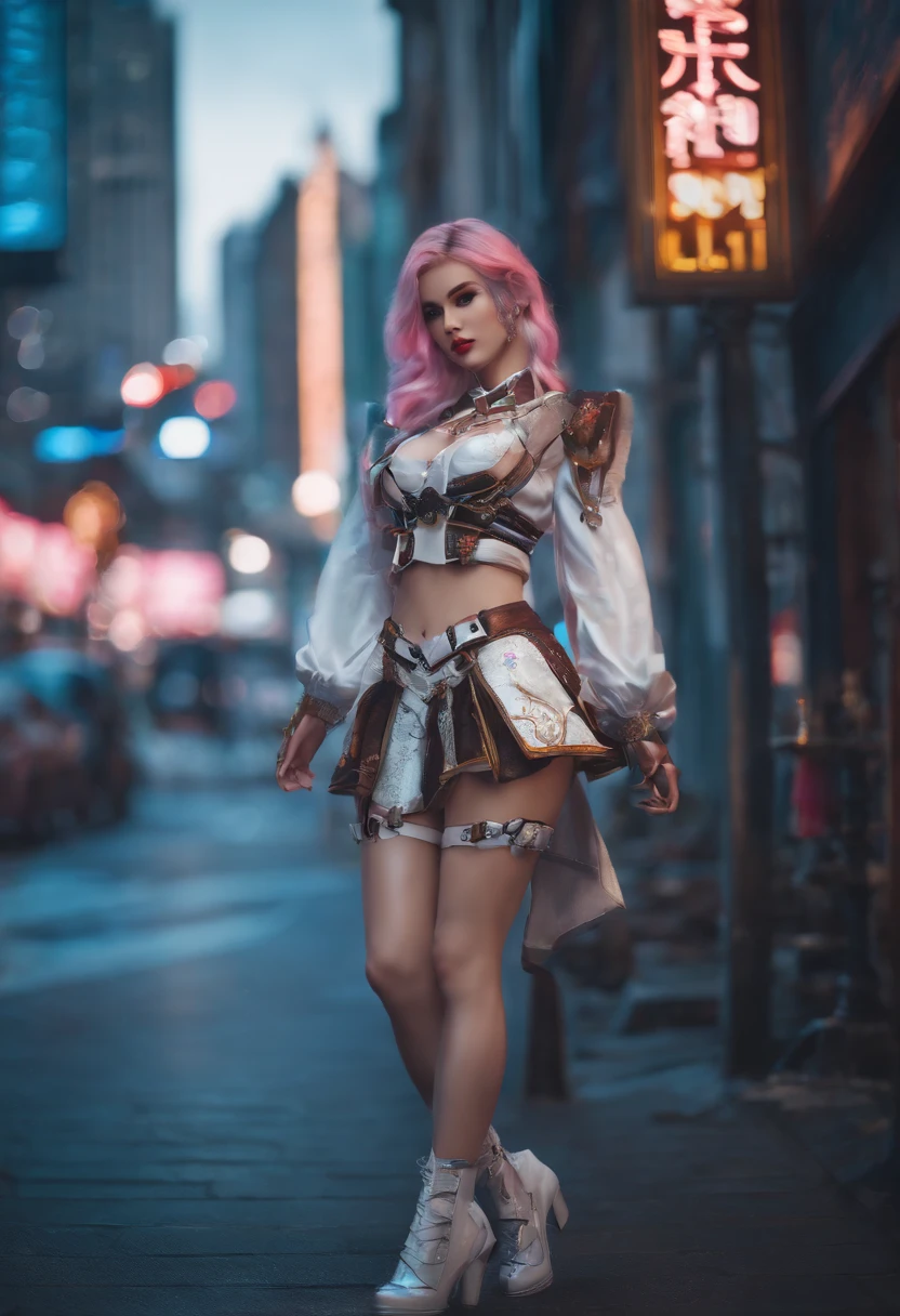 offcial art, Unity 8k wallpaper, Ultra detailed, Beautiful and aesthetic, Beautiful, Masterpiece, Best quality, 8K, Skin texture:1.4, tmasterpiece:1.4,Pose behind beauty,(Cyberpunk style Lolita costume in random colors),(Focus on your knees),The face is clear,Clear eyes,