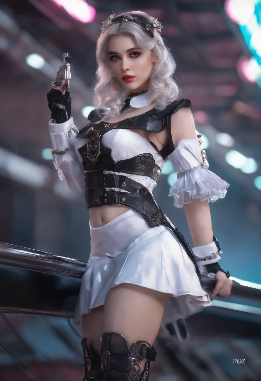 offcial art, Unity 8k wallpaper, Ultra detailed, Beautiful and aesthetic, Beautiful, Masterpiece, Best quality, 8K, Skin texture:1.4, tmasterpiece:1.4,Pose behind beauty,(Cyberpunk style Lolita costume in random colors),(Focus on your knees),The face is clear,Clear eyes,