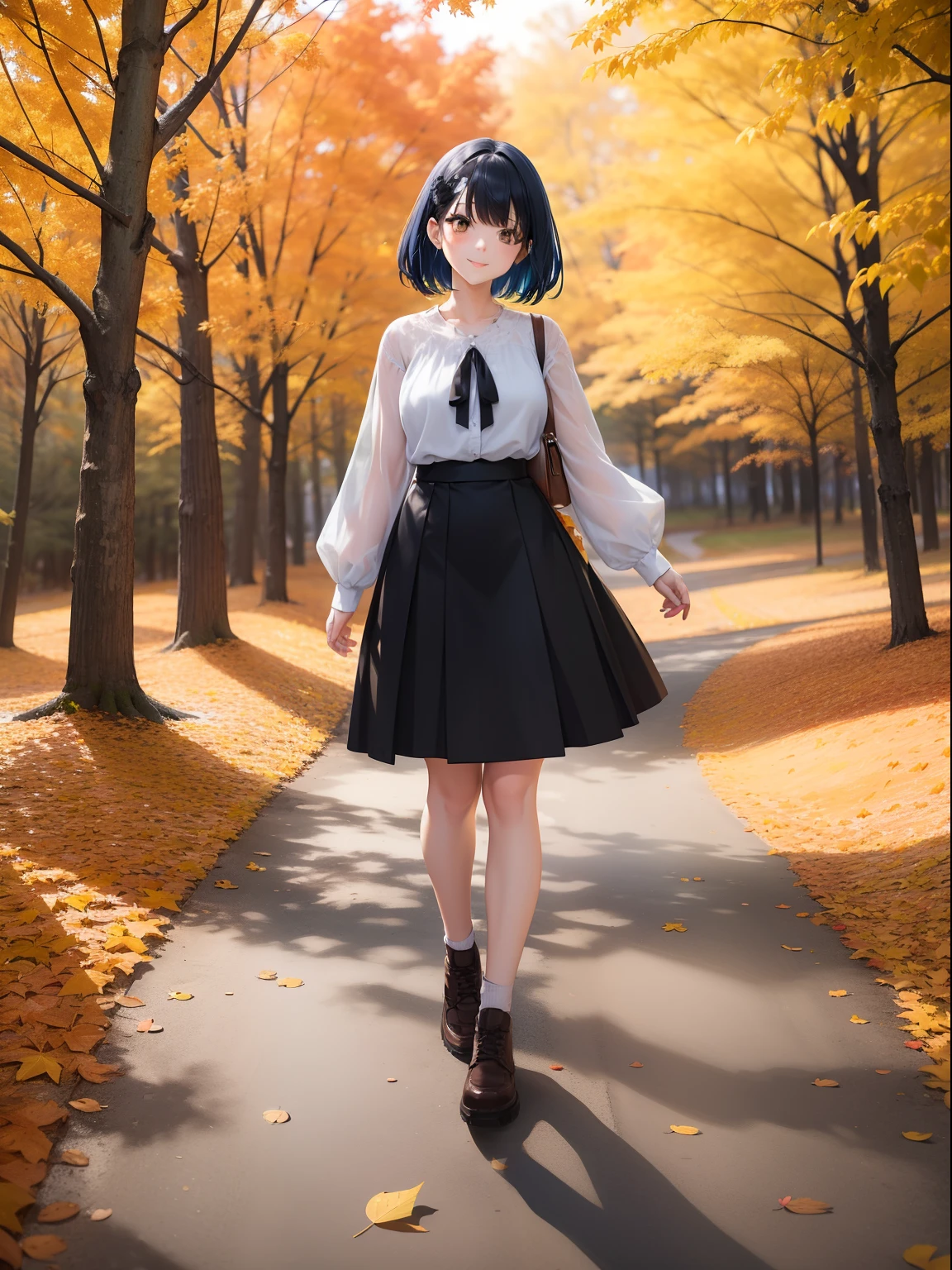 Scenery of autumn leaves A path in the forest Pretty Girl a smile Black eyes blue hairs length hair Autumn sunny Yellow skirt White blouses Red autumn leaves flutter in the wind