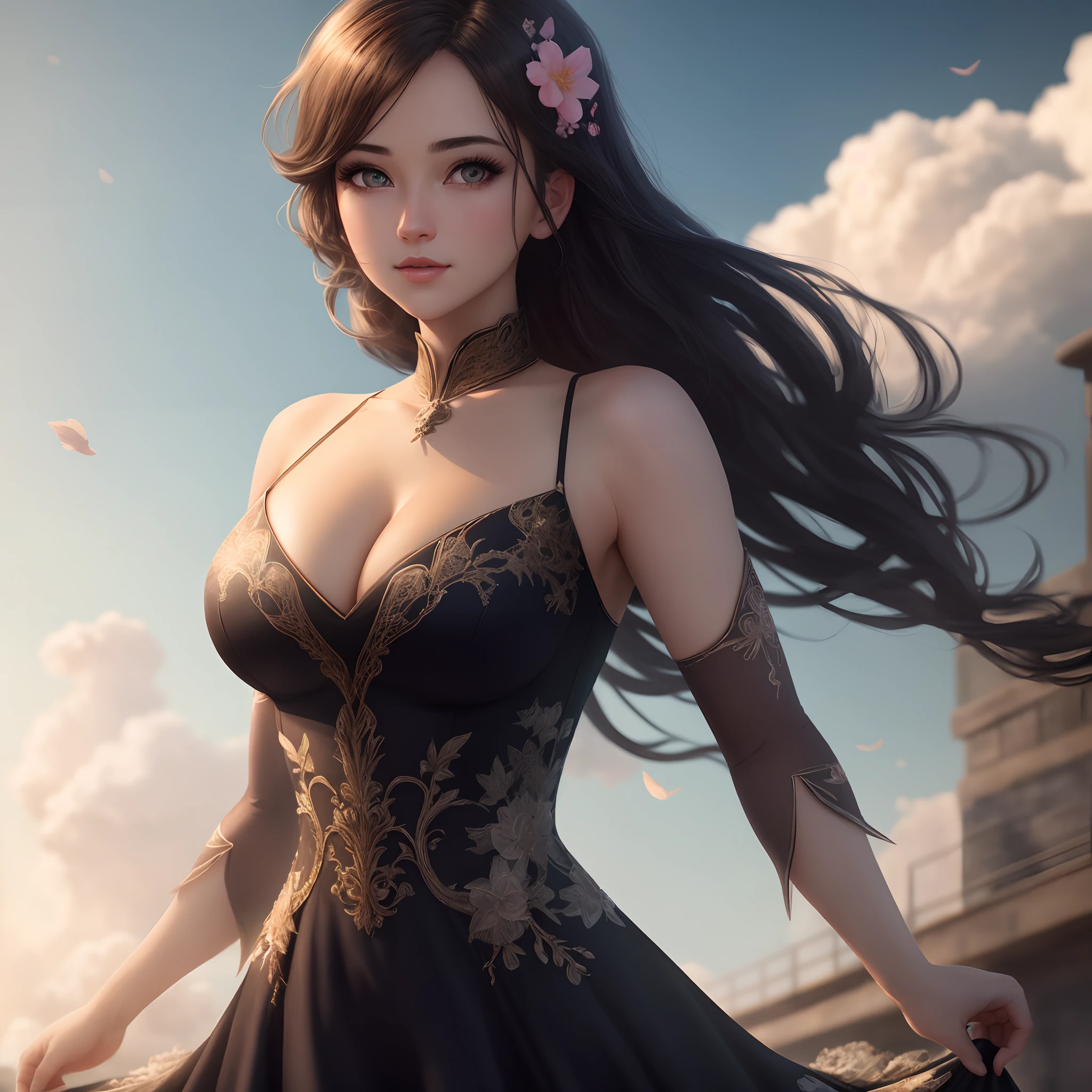 {{{Masterpiece}, }}, {Extremely detailed Cg Unity 8K wallpaper}, Amazing, finedetail, Solo, {{Floating hair}, }, {{sakura}, }, Outdoors, sky, {{Wind}, }, Detailed background, Beautiful detailed eyes, See-through:Evening dress:0.3, cleavage, Bright pupils, {{full bodyesbian}, }, Dynamic pose, Dynamic Angle, cleavage, view the viewer, Detailed clothes, Cinematic lighting, Close-up, Best quality