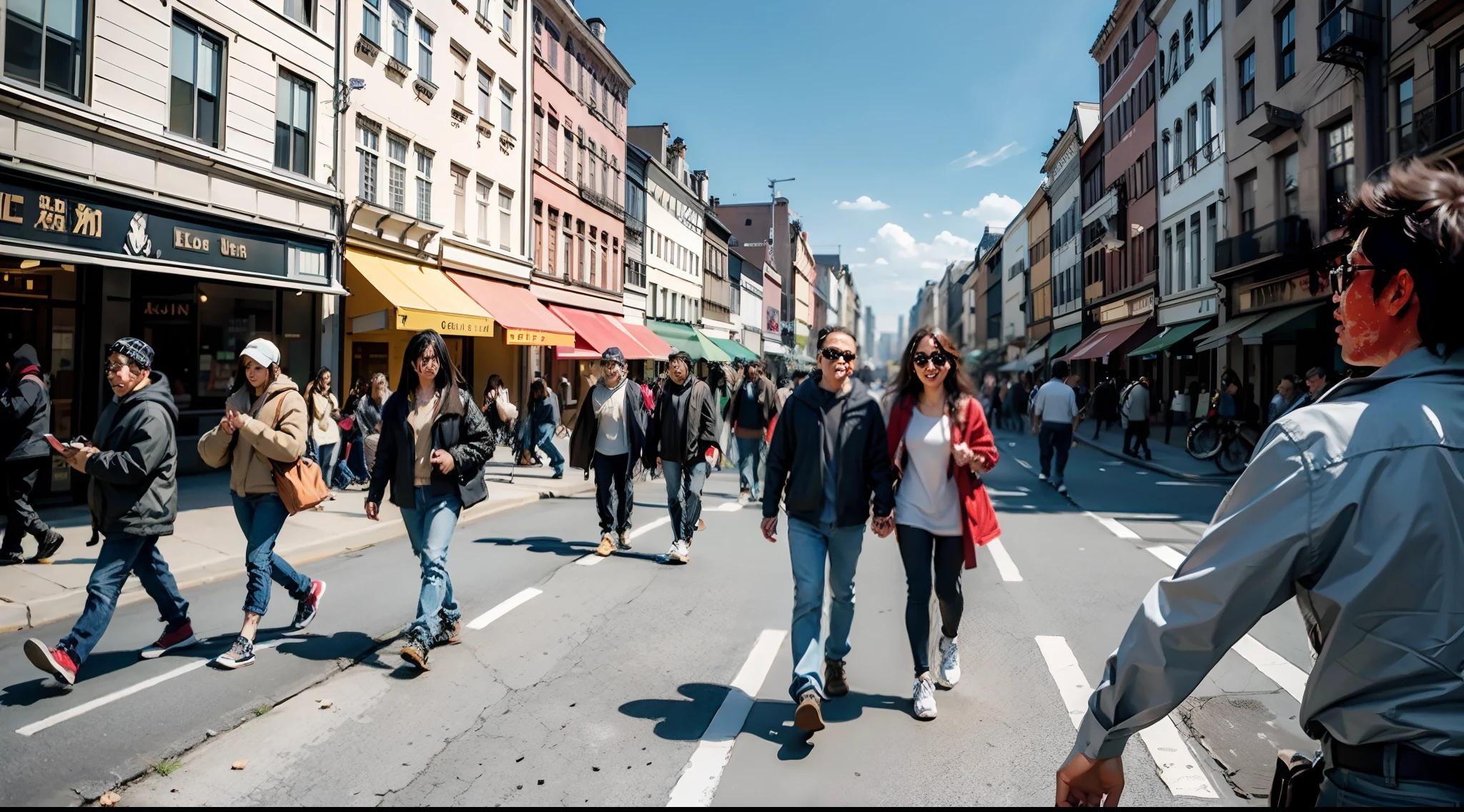 People walking through busy city streets in the sun, people walking on the street, people walking on the street, people walking on the street, many people walking about, busy streets filled with people, People walking around, people walking, Busy streets, busy street, people outside walk, People are out of focus, crowding street, In a busy city, Crowded streets,Animation style,realisticlying,photorealestic