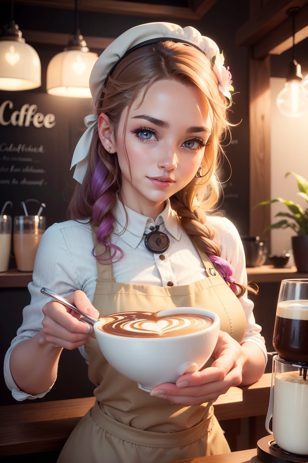an artistic female cafe barista making latte art, beautiful detailed eyes, detailed lips, creative coffee foam designs, vibrant colors, photorealistic, cozy cafe atmosphere, professional barista equipment, latte art skills, latte foam heart, latte foam leaf, latte foam flower, happy and focused expression, cafe background, warm lighting
