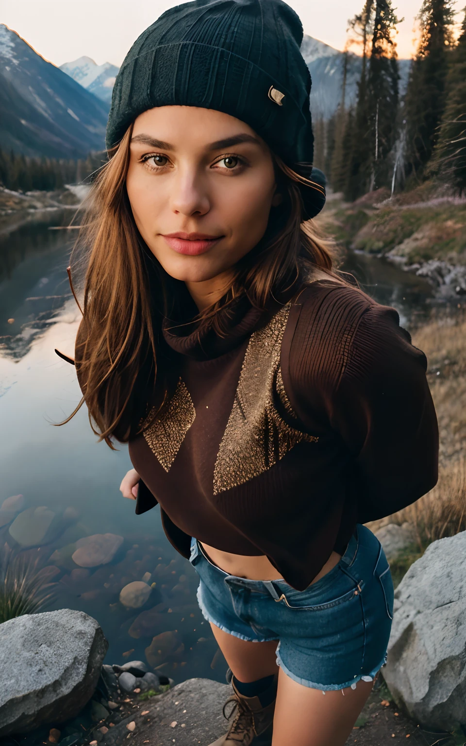 1 woman ((upper body selfie, happy)), masterpiece, best quality, ultra-detailed, solo, outdoors, (night), mountains, nature, (stars, moon) cheerful, happy, backpack, sleeping bag, camping stove, water bottle, mountain boots, gloves, sweater, hat, flashlight, forest, rocks, river, wood, smoke, shadows, contrast, clear sky, analog style (look at viewer:1.2) (skin texture) (film grain:1.3), (warm hue, warm tone:1.2), close up, cinematic light, sidelighting, ultra high res, best shadow, RAW, upper body, wearing pullover