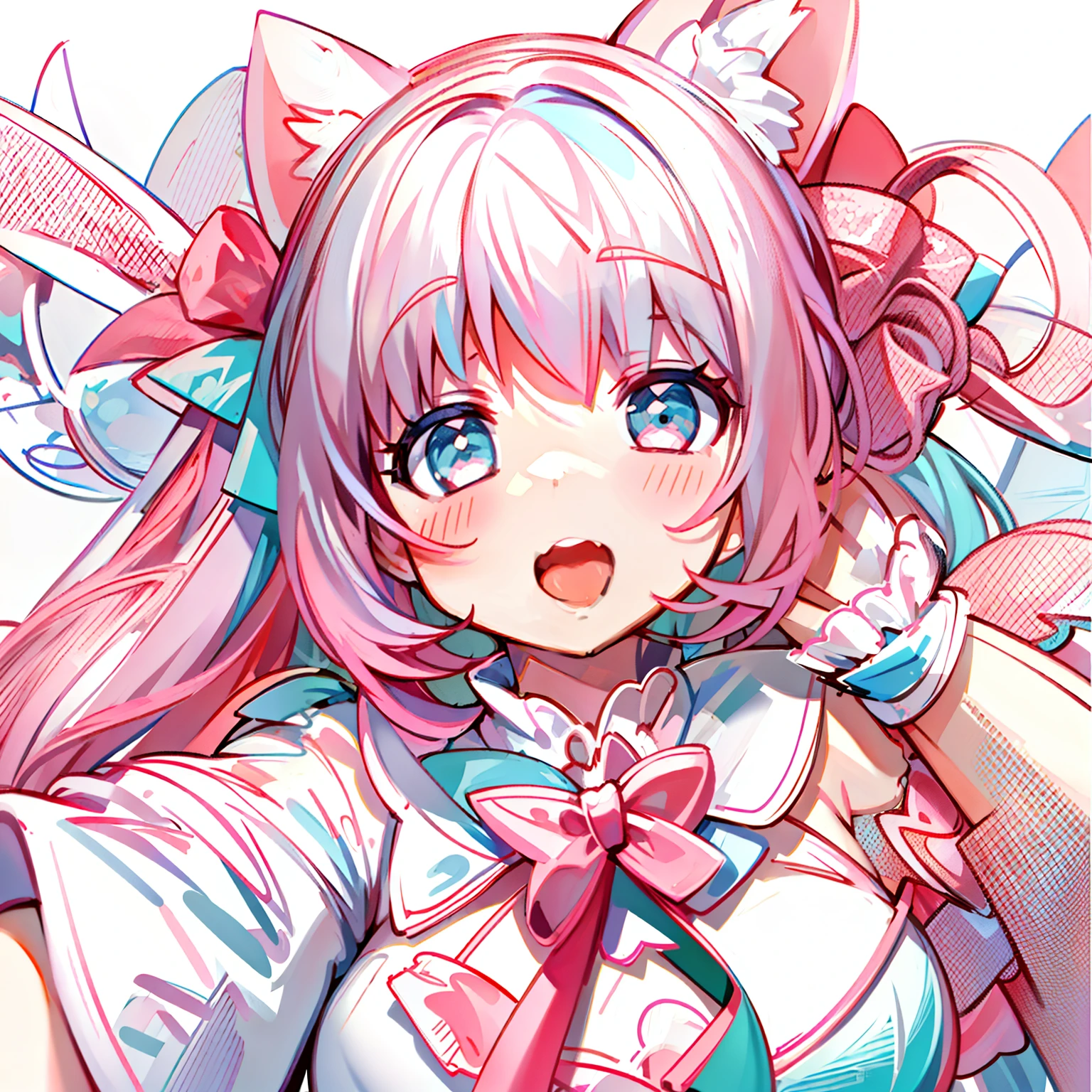 Masterpiece,Best quality, White background, (10:1girll), (10:One guy), Very long hair, White and pink hair , Love decoration , Multiple cyan and pink bows, White and pink pair of cat ears , Cyan eyes , Look straight ahead , love heart , Pink bow tie , White clothes , 5:Open mouth, 5:teeth