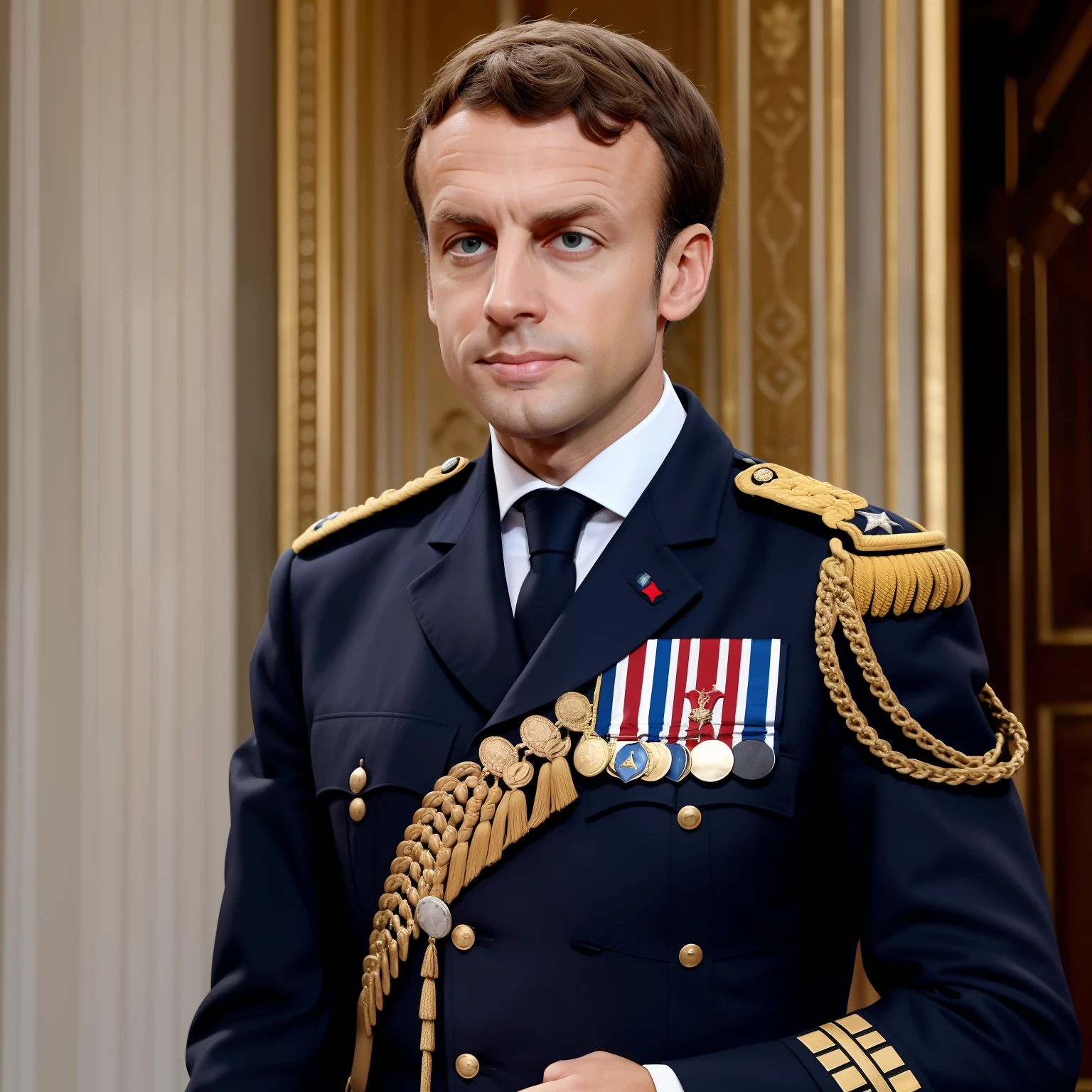 Emmanuel Macron with military outfit holding a gun