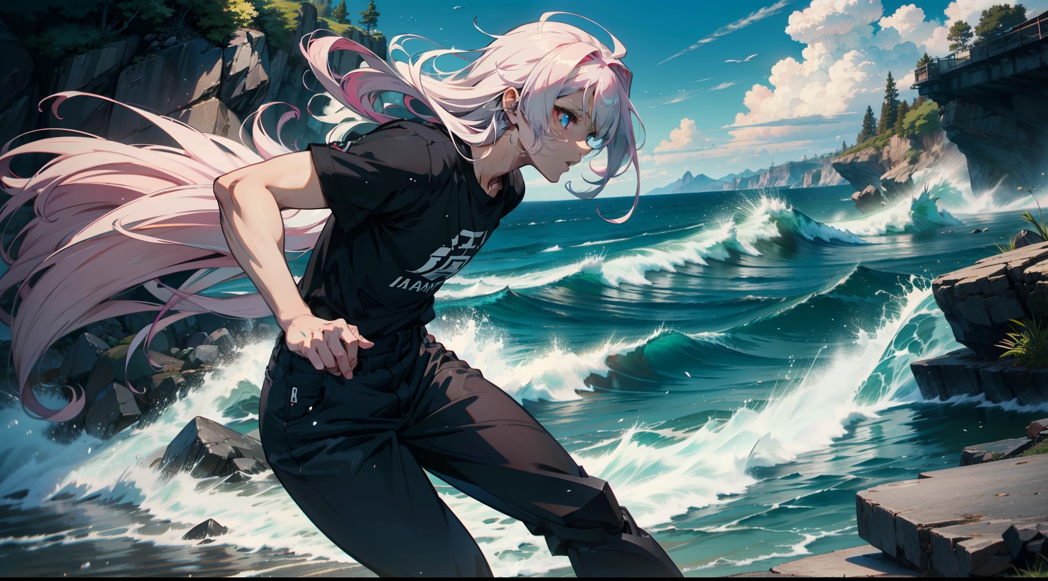 {{{{ masterpiece }}}},{{{{ 4K }}}},{{{{ badass anime 8 k }}}}, {{{{{{{{ long hair }}}}}}}}, {{{{{{{{ pink white half hair }}}}}}}}, (extremely detailed CG, ultra-detailed, best shadow), (scenery: 1.2), Black Oversized TShirt,long pants,tidal wave