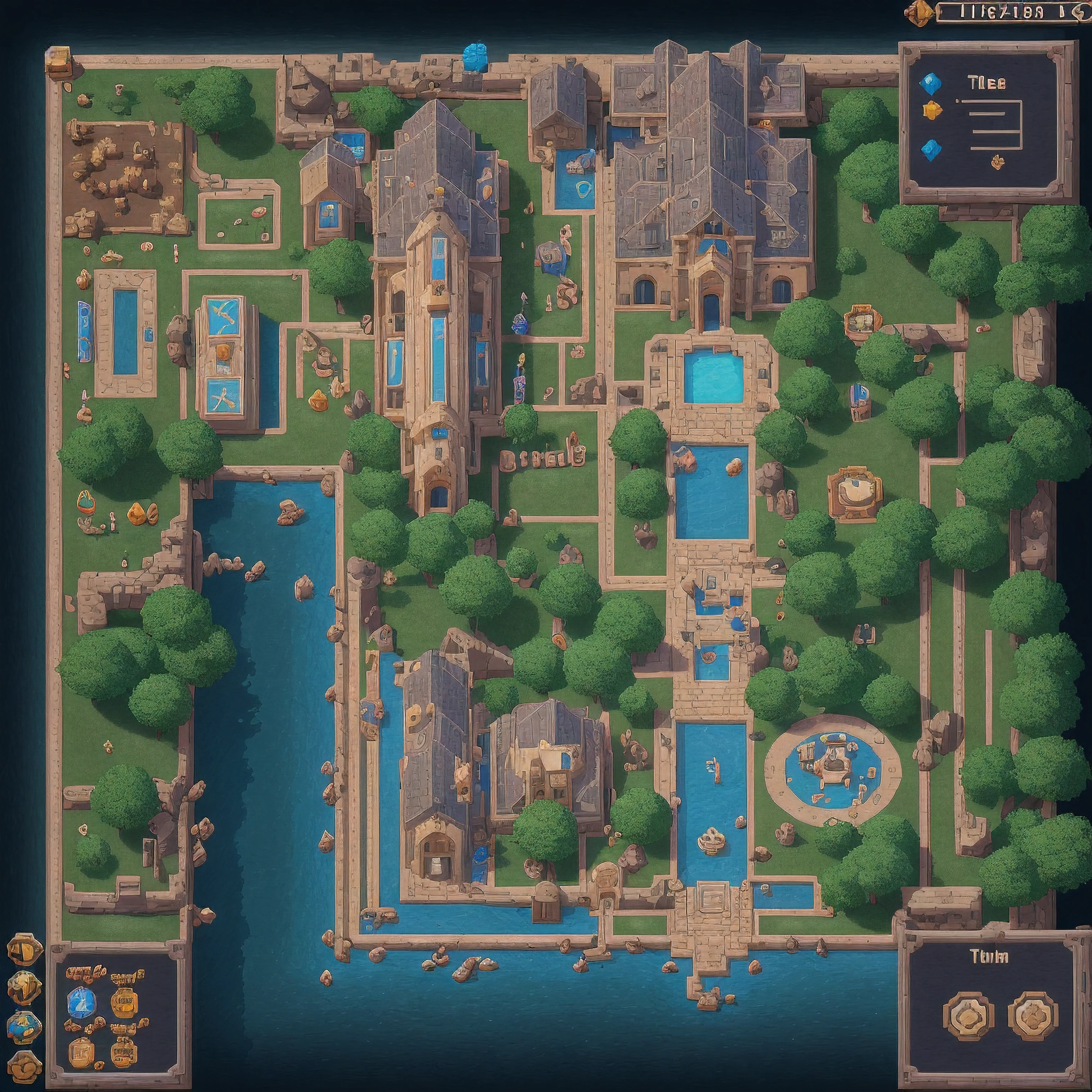 16 bit game, Design of game locations,2D изображение, overhead view, Пиксельная игровая локация 2D,Pixel corridors of the castle,dim lighting, light center and dark phoronts,8-bit pixel art, 2D, corridors and rooms of the castle, bright colours, Texture smoothing, RPG