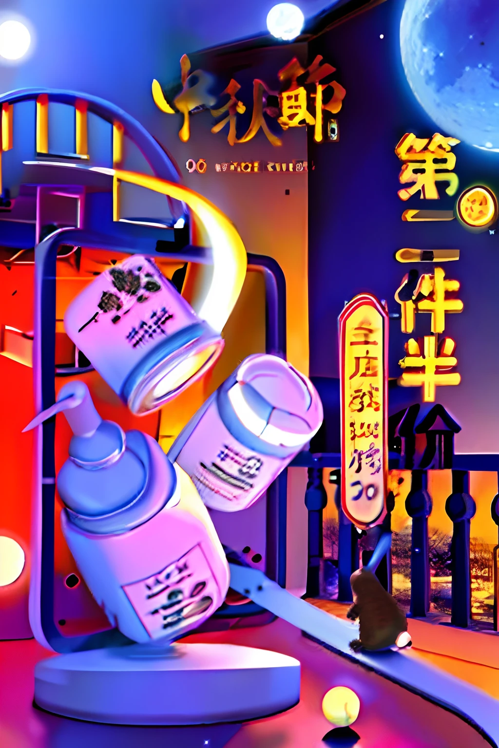 There is a poster，Lots of children's items，There are moons，janelas，Bright moonlight atmosphere，There are little bunnies