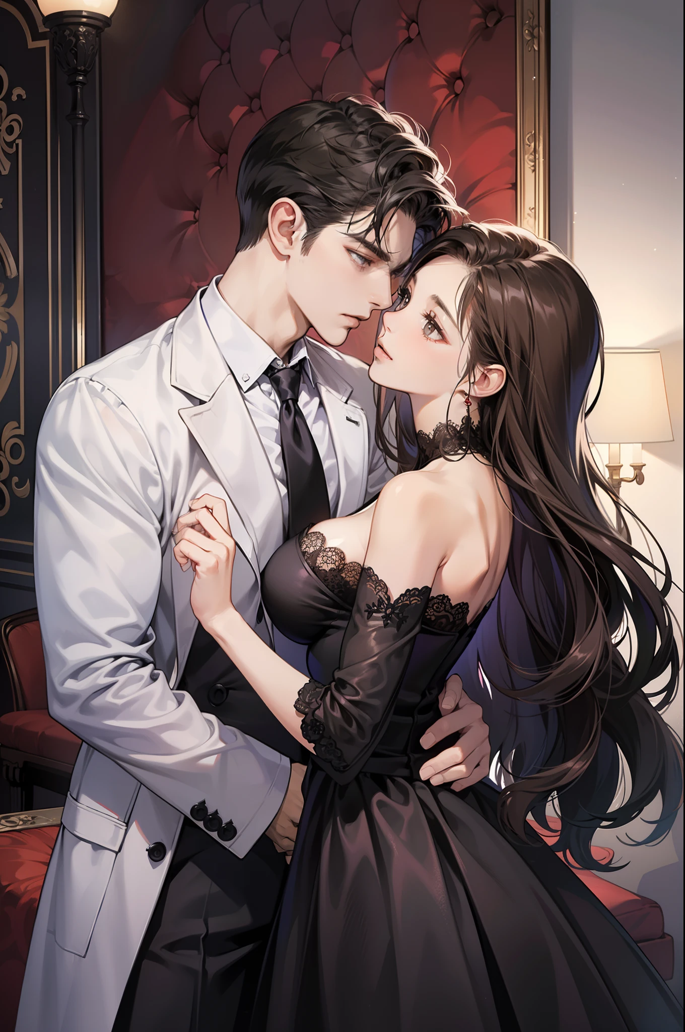 Couple, 1 girl 1 boy, different hair color, long black hair and brown eyes, short brown hair and grey eyes, romance, black suite, purple dress, UK, luxury room background, face to face, romantic, big tit