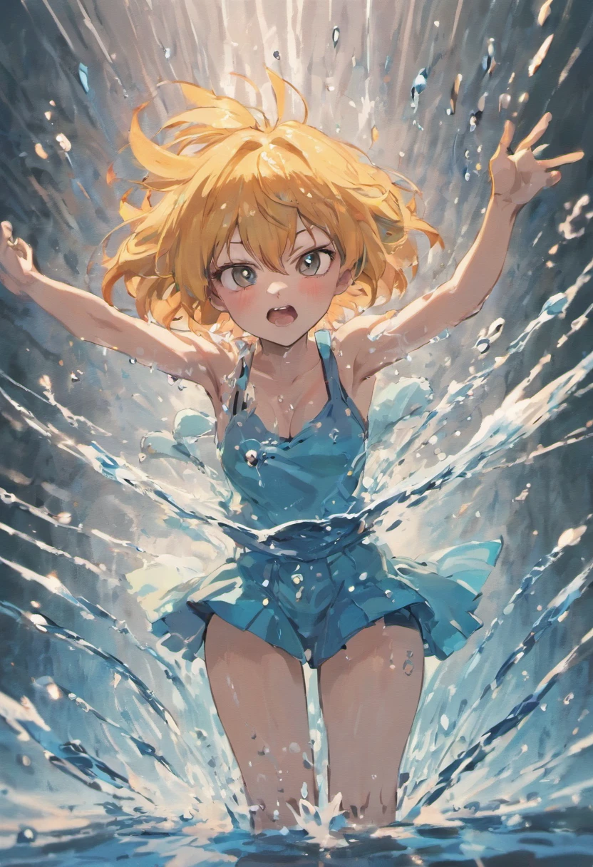 masutepiece, Best Quality, (Dynamic Pose:0.5), absurderes, 1girl in,  Fighting Pose, Punch Water, (Attack with water:1.5) Wet clothes, Wet hair, Wet face, Water behind a person, multicolored hair, (Wind:1.4)