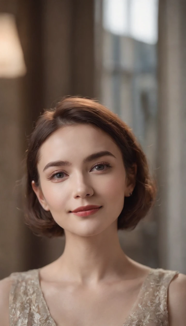 Intellectual lady,Republican style,Beauty with short hair,Sweet smile,Sense of light and shadow