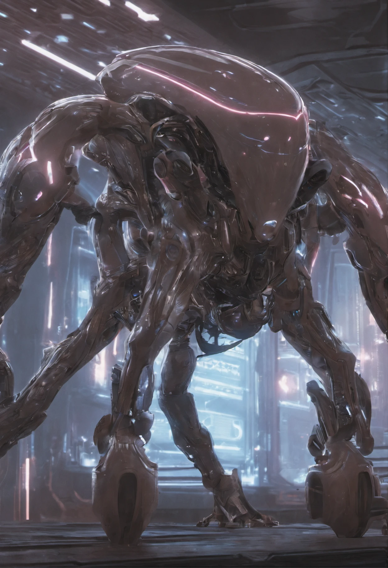 Translucent ethereal aliens,A mech coated with a ceramic glazed luster,Hard surface properties,streamlined line design,It has refined features in a sci-fi environment, glowing from within, Sparks and lights, Close-up, Realistic, Highly detailed, iintricate