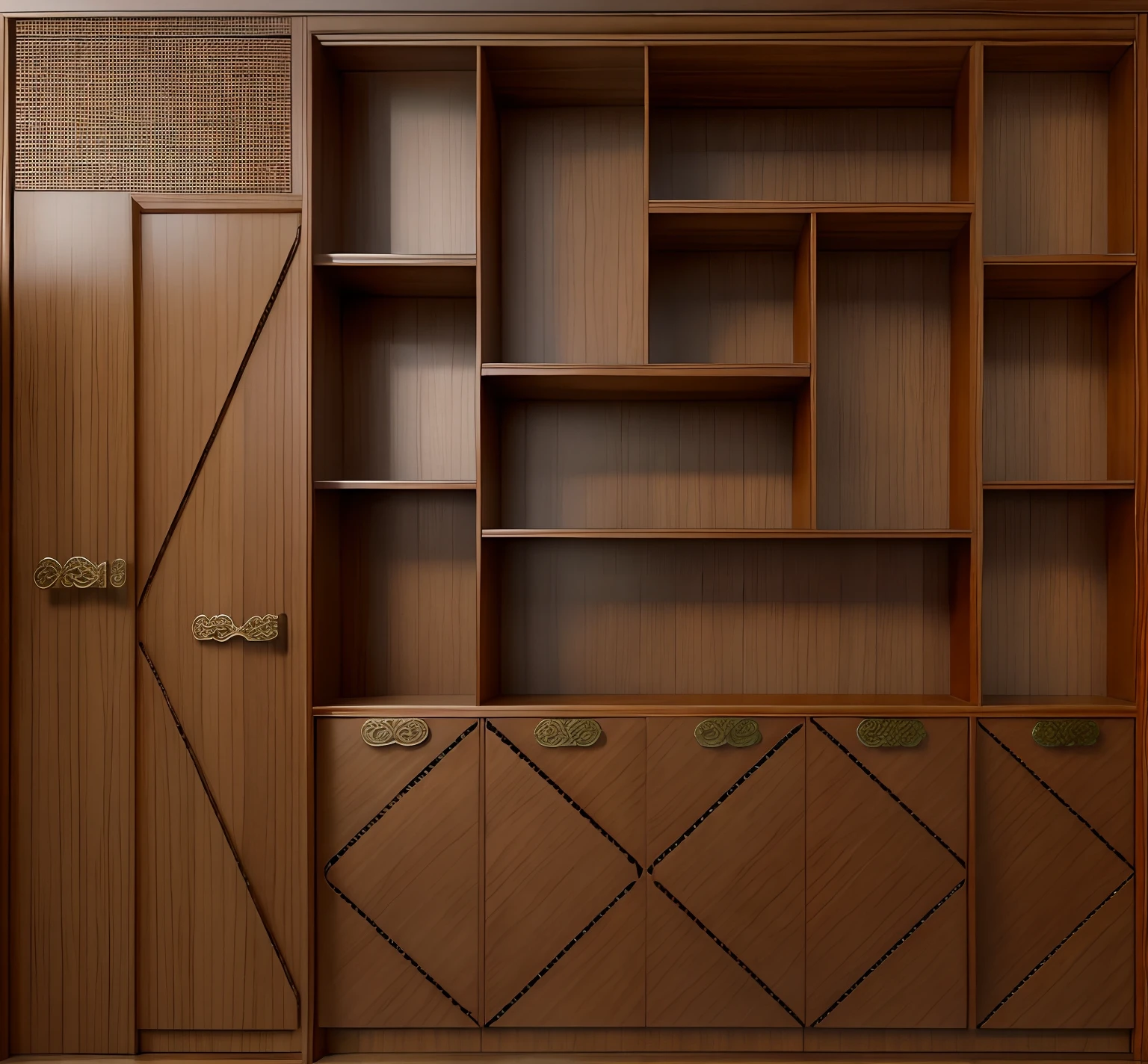 New Chinese bookcase,Walnut color,On the left is a long cabinet door,In the lower right corner is the low cabinet,The middle and upper right corner are openworked,No backplane