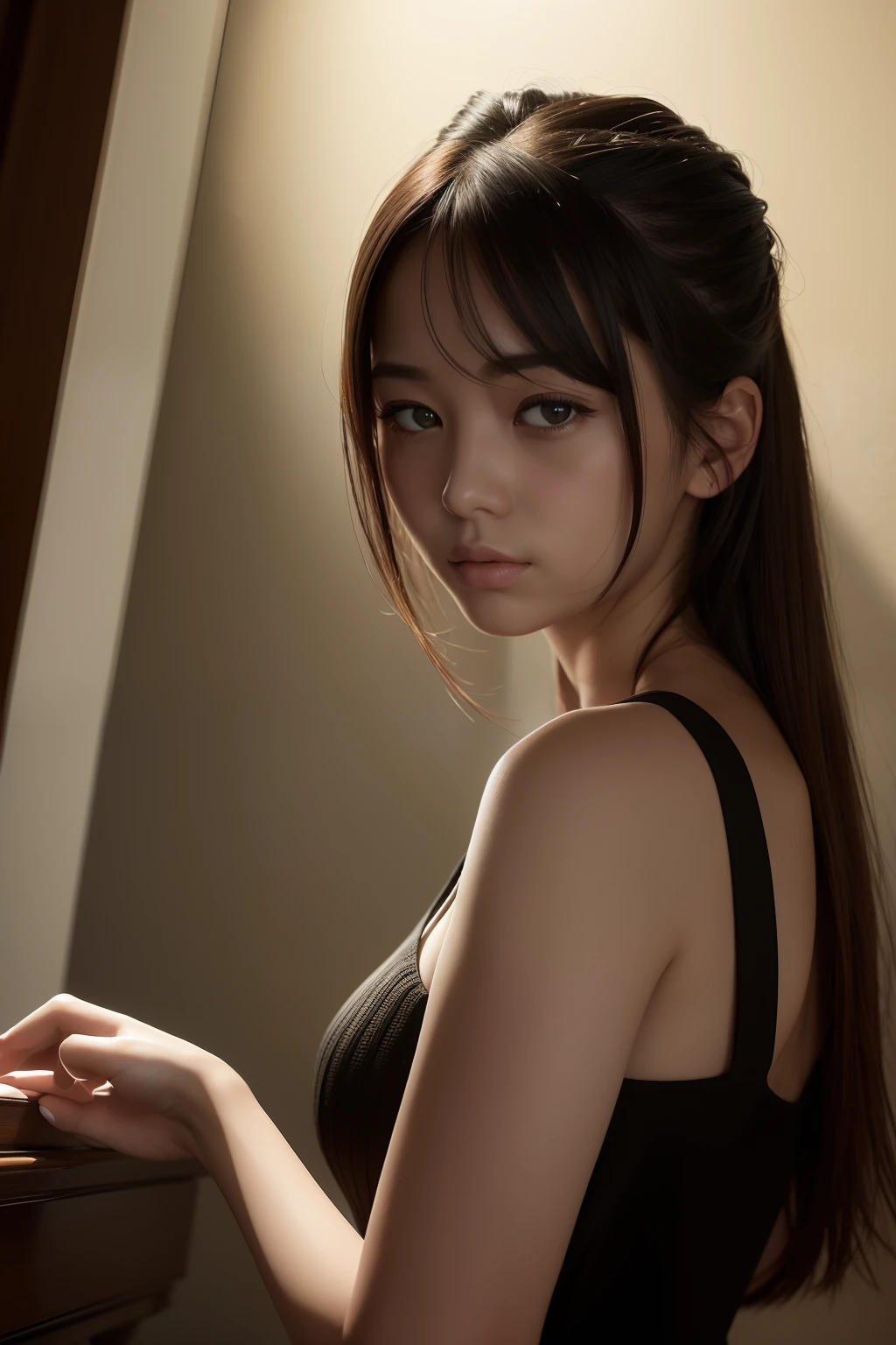 top-quality、masterpiece、超A high resolution、(Photorealsitic:1.5)、Raw foto、1girl in、off shoulders、murky、deep-shadows、Unobtrusive,A detailed eye, 二重まぶた