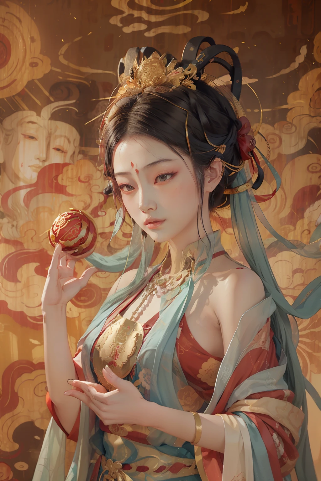 an ancient Chinese goddess, Dunhuang style,Serene expression,shui mo hua,Buddha,Buddhist,Lotus,Chinese painting style,Thangka style,3D