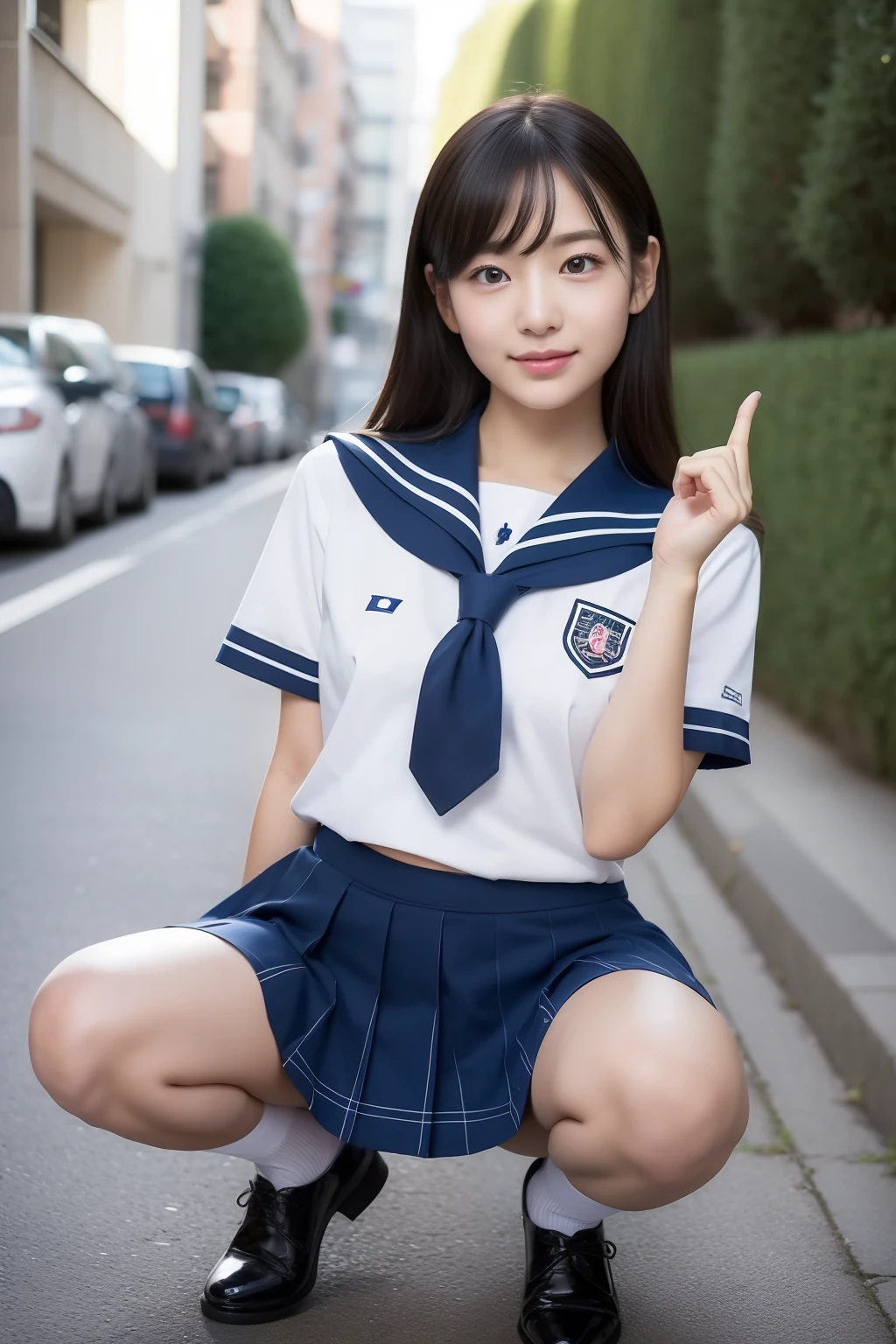 surrealistic、top-quality、 超A high resolution、Nikon Z 85mm、(｛（Raw foto:1.2）｝)natural soft light、profetional lighting、
realisitic、Super live-action、Photorealsitic、The crotch is visible、｛frontage、Angle from below｝
hands not visible、（｛｛Hands are out of the angle of view｝｝）（I can't see my fingers）portlate、Cute high school girl、School Uniforms mini Skirt、Cute sailor suit、Sailor suit skirt、Dark blue skirt、
both legs are bent、Toes are on the ground、The legs are spread in an M-shape,、I can see my panties.、Delicate thighs visible from the front、
Japan schoolgirl uniform、White panties visible from uniform miniskirt、（Panchira）School Uniforms mini Skirt、Perfect raw legs、delicate legs、
perfectly proportions、A sexy、Chest visible、
Squatting deep in the city、Show me your pants around town、
ulzzang -6500-v1.1, Well-formed face、perfectly proportions、Well-formed fingertips、
Cute high school girl、 Beautiful face in every detail、Realistic human skin、Provocative facial expressions、Semi-long、smooth hair、de pele branca、light skinned、 （hyperdetailed face、（very detailed lips、｛round and detailed eyes｝二重まぶた、Moist eyes、｛Very delicate eyebrows｝）） （Strong-minded、（childish、pure、Attractive woman、charmed、glamor、Victory、Cheeky、glad、kawaii、Good aroma、））