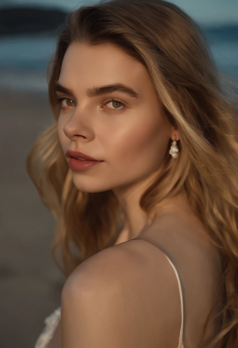 Anya Taylor-Joy, flowering, destello de lente, (8k, ..........RAW, profesional, mejor calidad, obra maestra: 1,2), (realista, fotorrealista: 1,37), Ultradetallado, (retrato gran angular de 25 mm), (max detail skin: 1,2), (Cara de mayor detalle:1.2), cinematography lighting, 1 girl in, europea, cabello rubio lacio, (Ventoso), De pie en la playa, de noche, warm white light, gaze at the camera, sujetador y bragas, courteous smile
