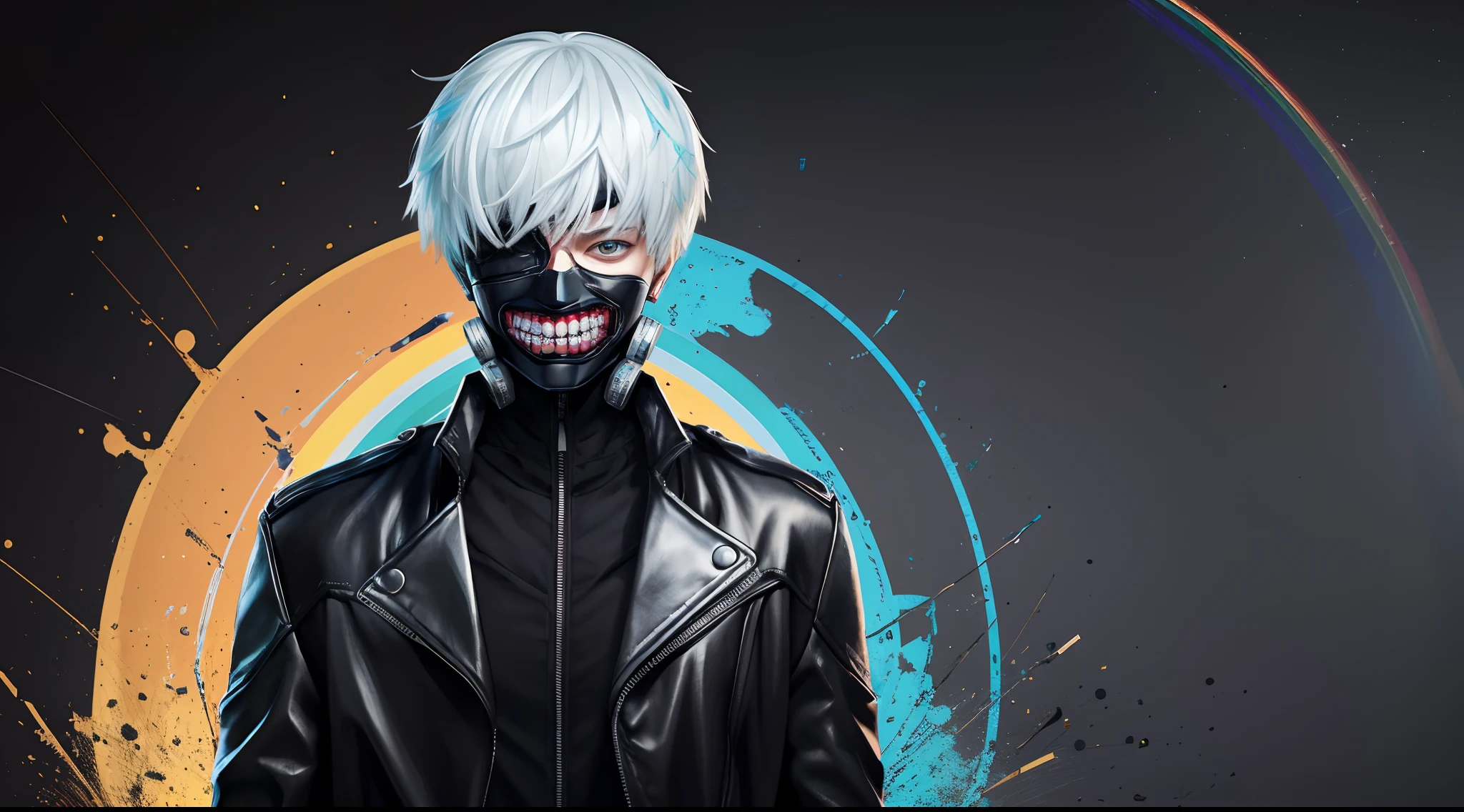 "cool 20 year old kaneki ken is a true masterpiece with masculine beauty, perfect anatomy. Olpntng style, colorful rainbow, wearing a black leather jacket, mask revealing a very menacing smile , clean design, epic Instagram, artstation, full of paint splashes, circles, outlines When you look at his beautiful Eyes you will clearly see every little detail and perfect line, every detail The details on the skin are beautiful in 8K quality. Be fascinated by the confidence radiating from every look. His head has white hair and his face is drawn meticulously in every detail in 8K image quality."