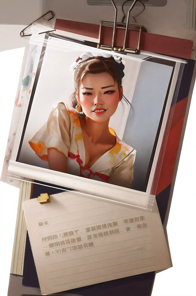 There is a picture of a woman on the clipboard,A note is attached to it。, closeup character portrait, photorealistic illustration, Realistic portrait, rendering of close up portrait, character portrait closeup, author:Mount Maz, Inspired by Fenghua Zhong, realistic digital illustration, Character portrait art, Character painting, character art closeup, glossy digital painting, Realistic illustration
