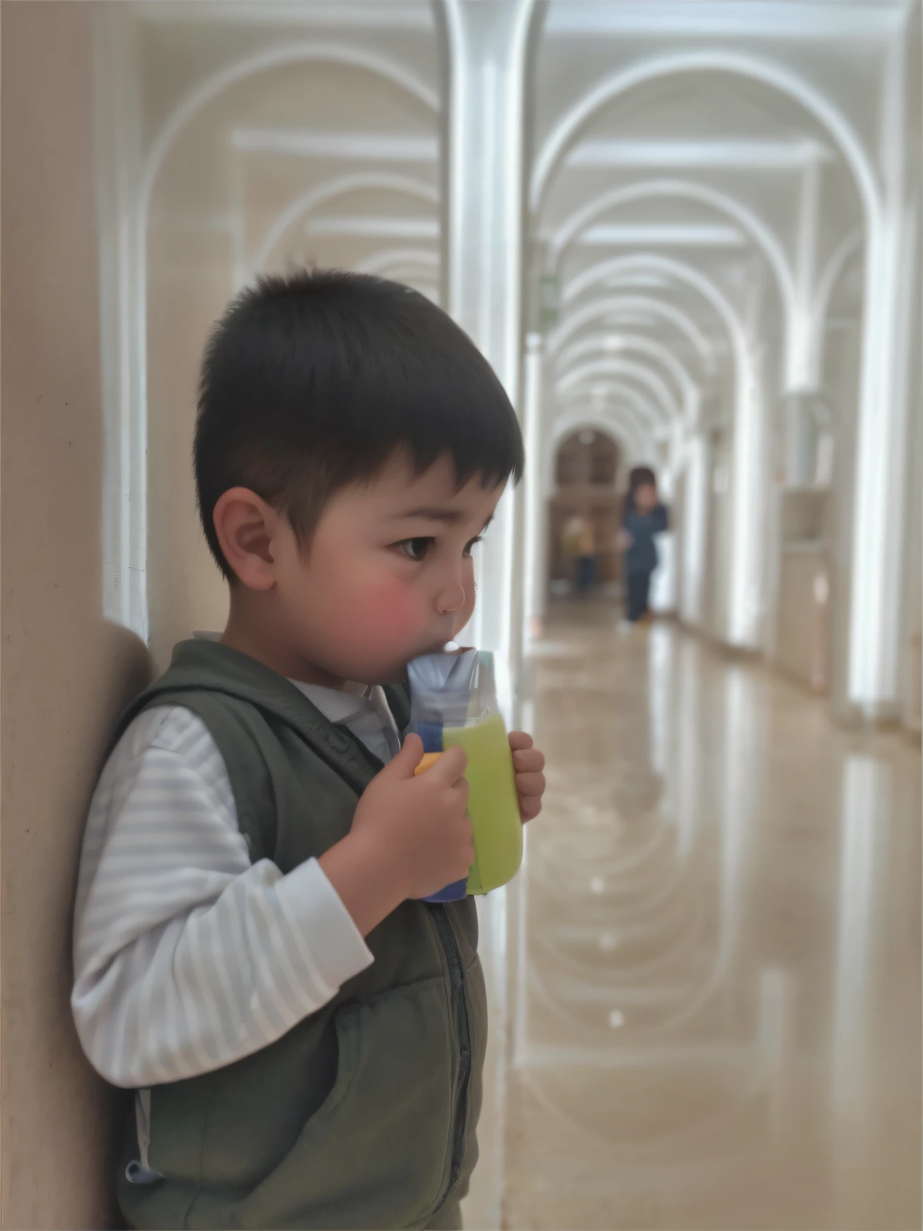 A little boy leaning against the wall with a drink in his chubby little hand，Ruddy chubby cheeks，Wearing basket white stripes and green vest，