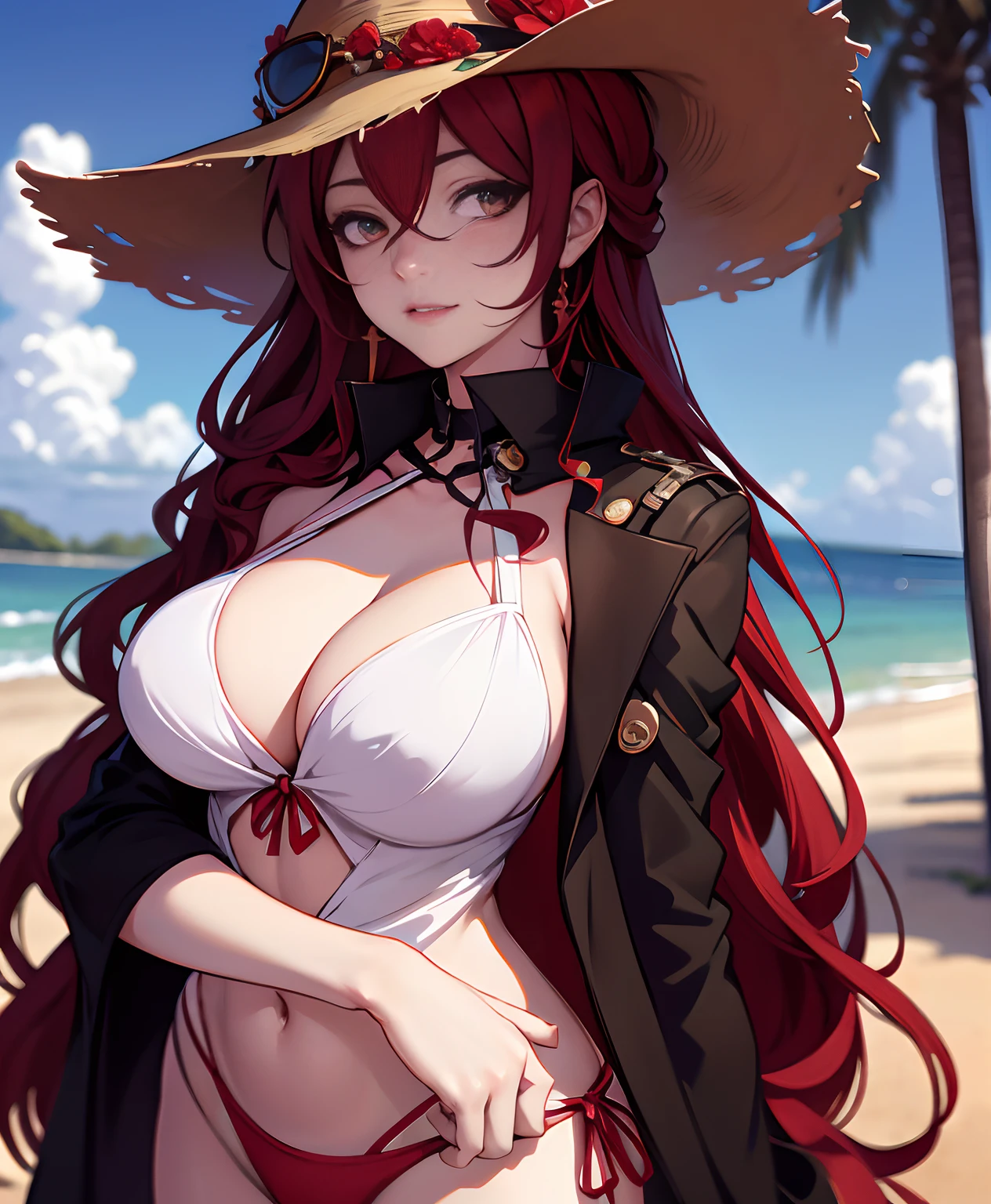 anime - style image of a red haired woman with sun hat and sunglasses in a bikini,beach, simple background, seductive anime girl, smooth anime cg art, beautiful alluring anime woman, nico robin,himeko, oppai, oppai, detailed digital anime art, oppai proportions, digital anime art, by Kentaro Miura, realistic bikini, oppai cyberpunk, trending on cgstation