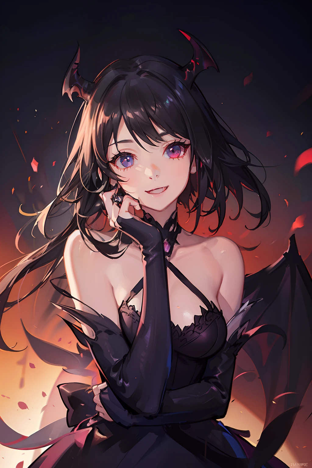 (The girl succubus has black hair, showing a fang, pure and pure smile:1.2) Style Princess, (Steve Keller:1.08), Masterpiece, Best quality, Highest quality, Cinematic lighting, (voluminetric lighting), Extremely detailed Cg Unity 8K wallpaper, Focused, 8K wallpaper, 4k wallpaper, Extremely detailed, Ultra photo realsisim, Photorealistic, Sharp focus, absurderes, (hdr:1.2), (High contrast), photographed, Detailed and intricate, Instagram, Portrait, Highly detailed, Digital painting, art stations, concept-art, smooth, Sharp focus, illustration, Cinematic lighting