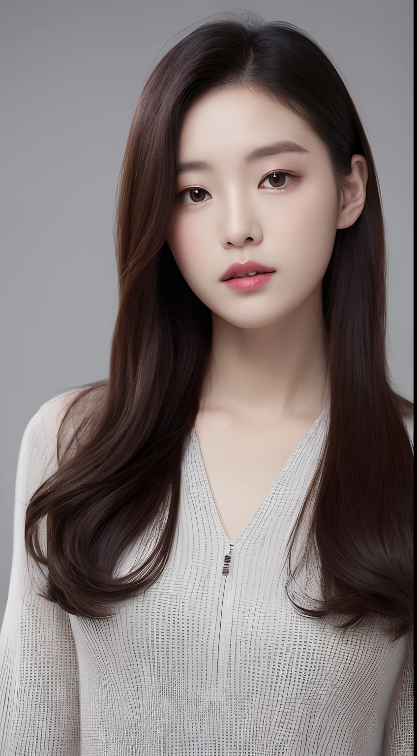 ((Realistic lighting、top-quality、8K、masterpiece:1.3))、Clear focus:1.2、1girl in、flawless beauty:1.4、、Neat and clean clothing、One-piece clothes、Superfine Face、Narrow-eyed、二重まぶた、lighting like a movie、photos realistic、28 year old、Face like a K-pop idol、white backgrounid、Gray background、Mature Woman、Classy makeup、Angle of pull、length hair、Longhaire、Long hair、Straight hair、Korea person、Rolled hair