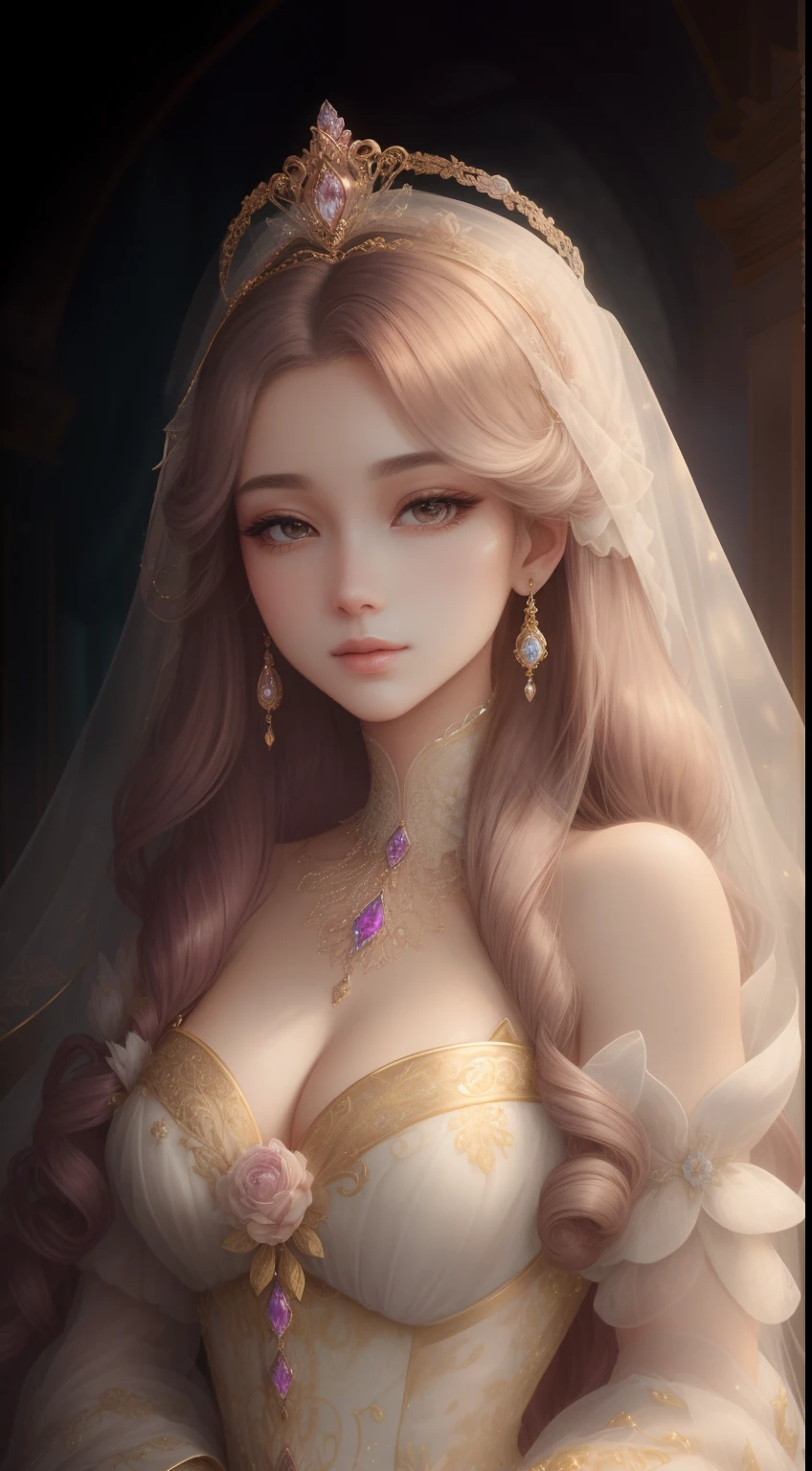 tmasterpiece,Highest high resolution,Soft lighting,Beautiful aristocratic maiden,Delicate coiled hair,curlies,Shining clear eyes,The hair is covered with beautiful and delicate floral craftsmanship, crystal、Diamond jewelry filigree,Ultra-detailed details,upscaled。Pastel, Dreamy, Whimsical, Delicate, Gorgeous golden shell crown, Epic surrealism, The upper part of the body,Meticulous, Magnificent, max details, extremely hyper aesthetic,upscaled