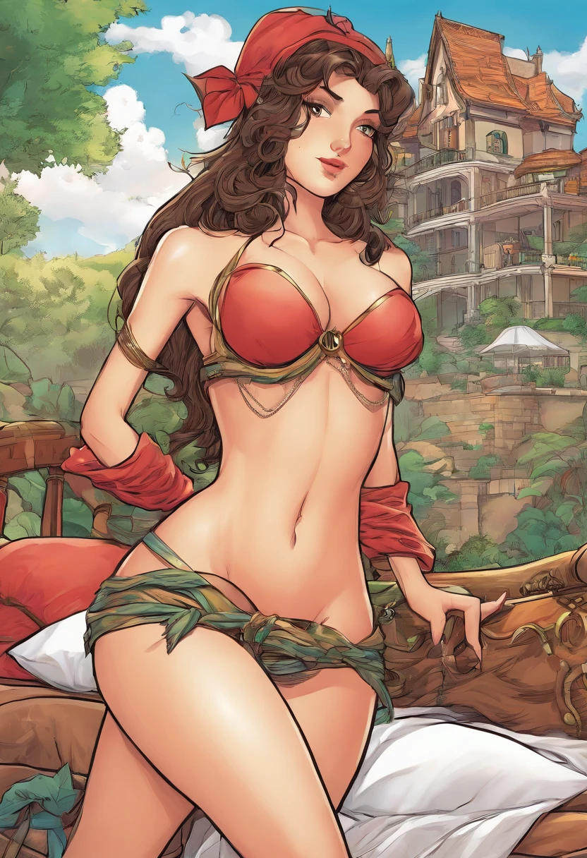 Naked pirate girl outdoors with her breasts out lying on her bed showing her in the mansion