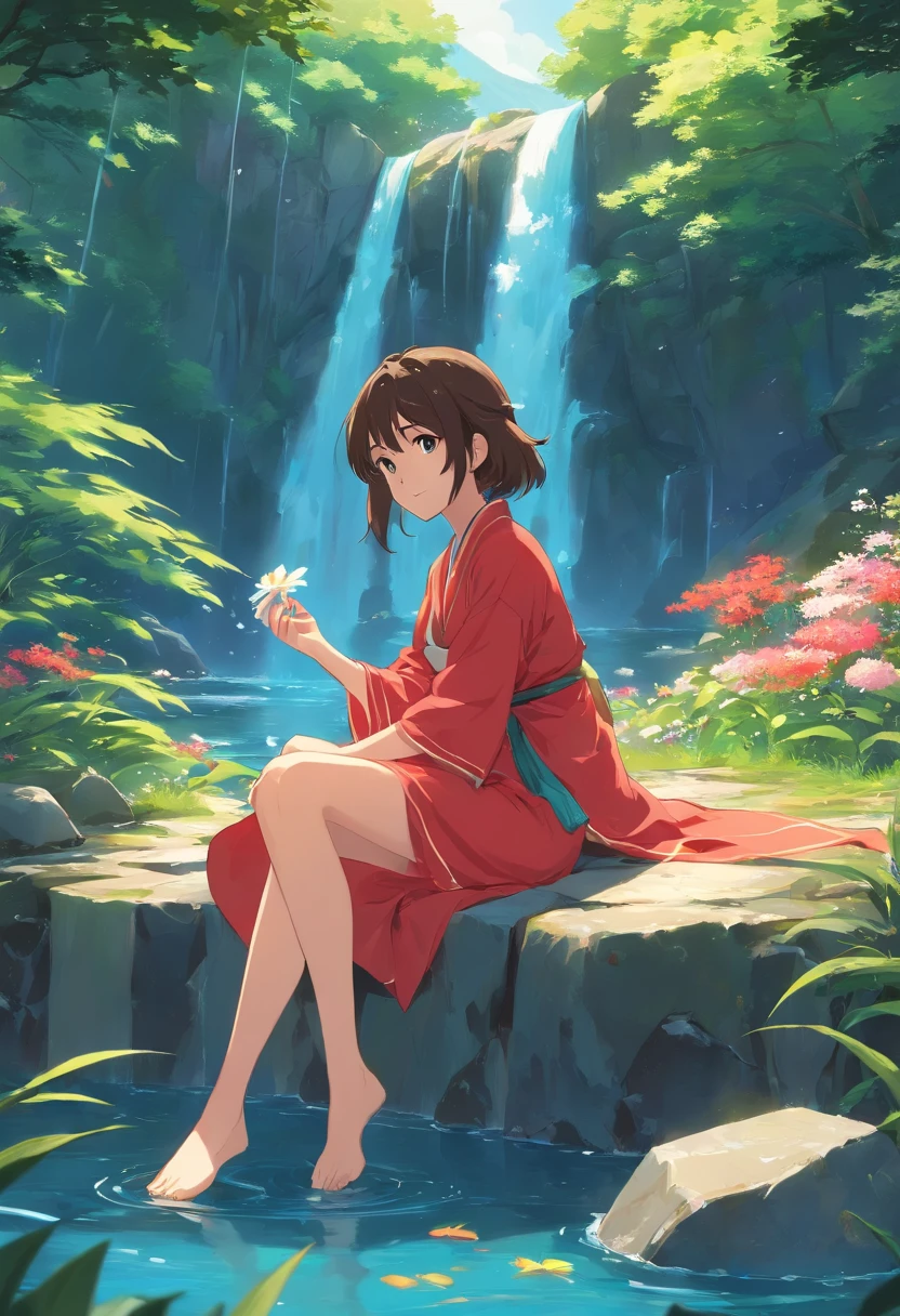 Deep in the mountains,The vista is a waterfall,(It is surrounded by flowers, plants, and trees) A long-haired girl sat cross-legged on a stone plate,(The girl closed her eyes,Pinch your fingers with both hands)The girl was dressed in a red costume gown,(Clothes with high details)Surrounded by lake water,(The lake is turquoise)Around the girl, 9 red koi jumped up,best qualtiy,tmasterpiece,Ultra-clear,2D,Emphasis on red and gold,Golden section