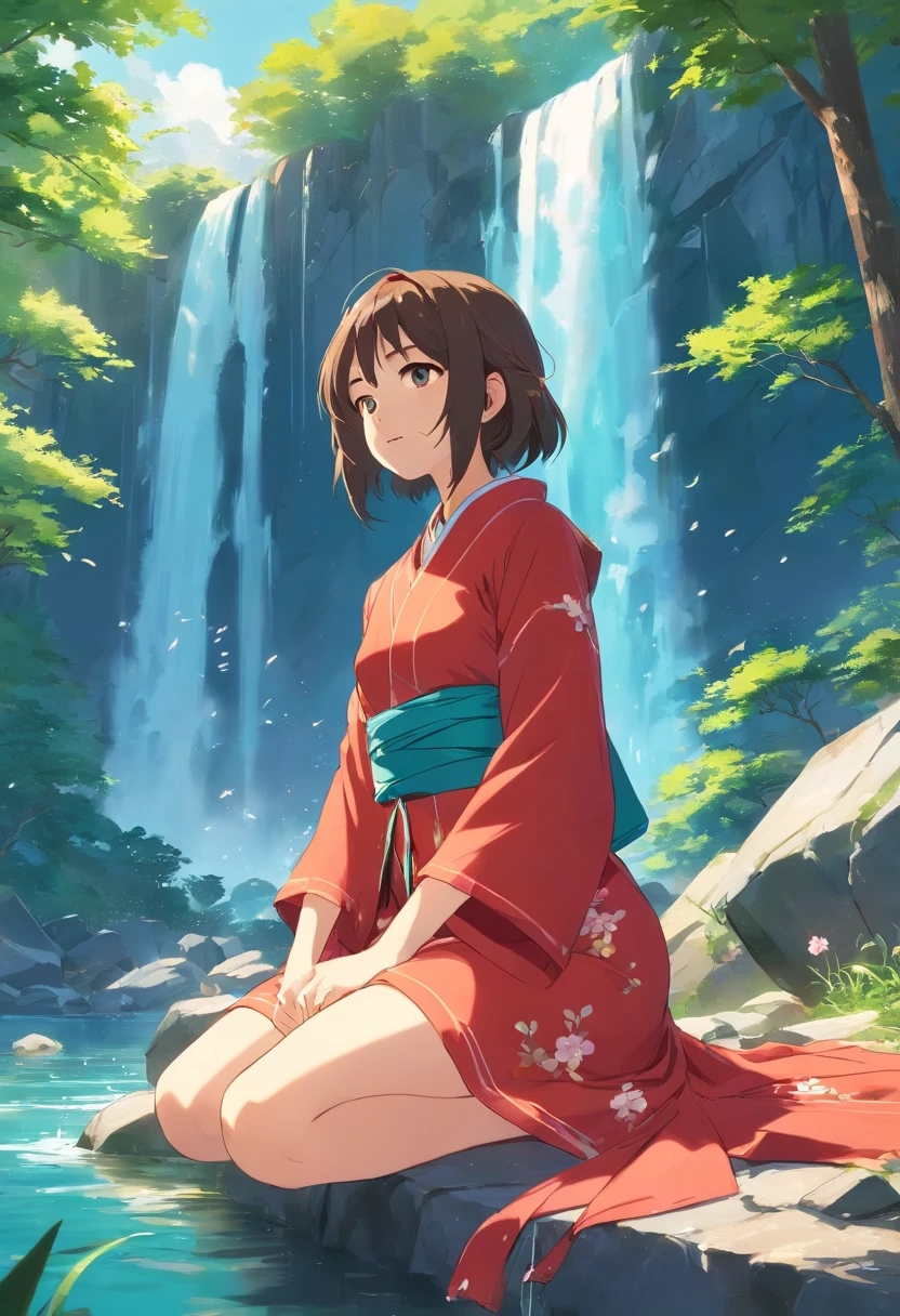 Deep in the mountains,The vista is a waterfall,(It is surrounded by flowers, plants, and trees) A long-haired girl sat cross-legged on a stone plate,(The girl closed her eyes,Pinch your fingers with both hands)The girl was dressed in a red costume gown,(Clothes with high details)Surrounded by lake water,(The lake is turquoise)Around the girl, 9 red koi jumped up,best qualtiy,tmasterpiece,Ultra-clear,2D,Emphasis on red and gold,Golden section