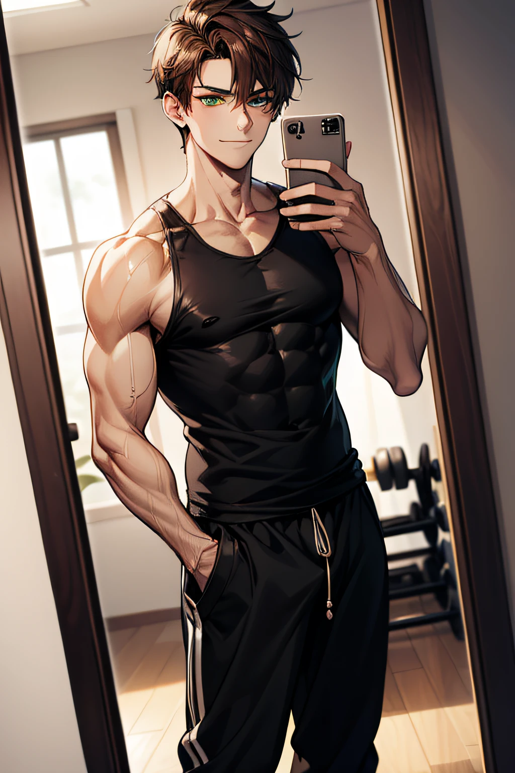 An adult man wearing a black vest，Muscular，Handsome，in  the gym，Take a selfie in the mirror，ssmile，track pants，standing on your feet，Put one hand in your pocket，Sweat，Depth of field, Bokeh, Detailed background, Detailed lighting, diffused natural sunlight，（（Lazy eyes，Half open，green-eyed）），（（brunette color hair，short detailed hair，Bias，tidy hair））