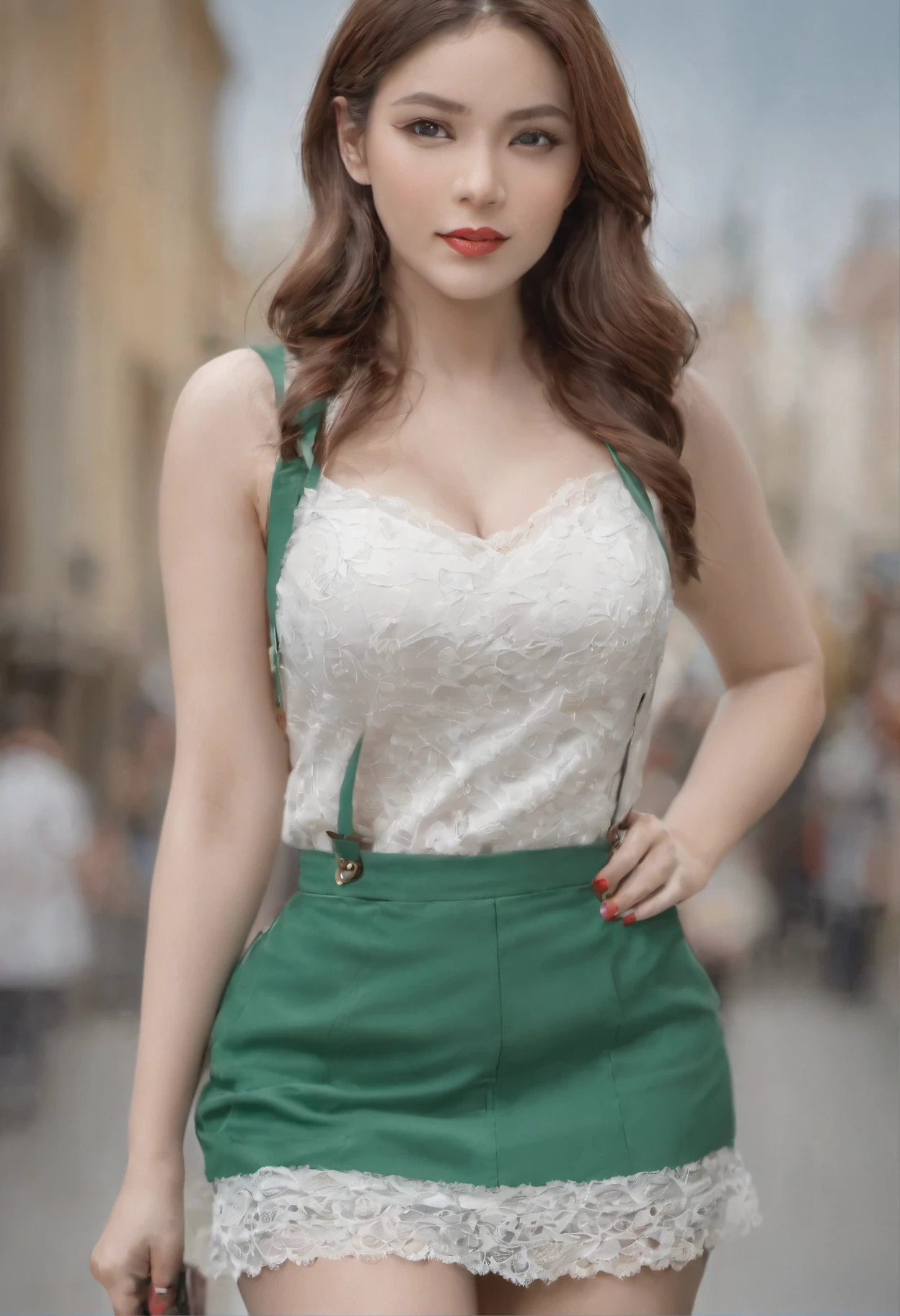Street shooting girl,(((Tall and fat))),It belongs to plus-size beautiful girls,lively and lovely,Eccentric,The body shape is round and full,Round face,(((White suspender lace vest,Short green skirt))),Long legs,red high heel pumps,walk,Full-body photography,Works of masters,Studio quality,wallpaper hd,4k,The background is so beautiful,The style of young people's clothing is lively and bright, full of youthful atmosphere