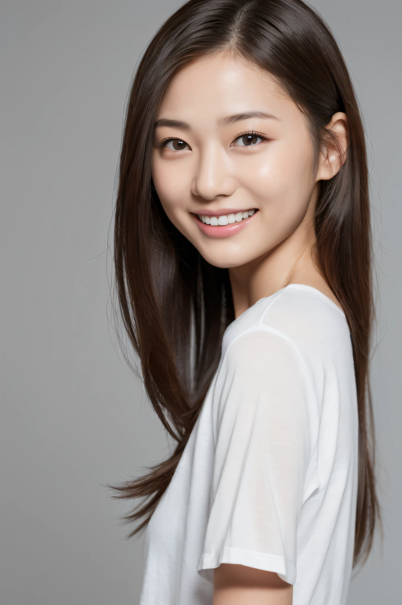 (Masterpiece:1.3), (8K, Photorealistic, Raw photography, Best Quality:1.4), (1girl), Beautiful face, Realistic face, (Detailed face), Beautiful hairstyle, (Detailed hair), Realistic eyes, (Detailed eyes), Beautiful details, Realistic skin, (Detailed skin), Beautiful skin, Attractive, Ultra high definition, A hyper-realistic, Very detailed, Japanese beauty, (slim figure), gentle, brown hair, (super model figure), cute young Japanese girl, pretty young Japanese girl, (simple gray background), smile, wide shot, white simple t-shirt