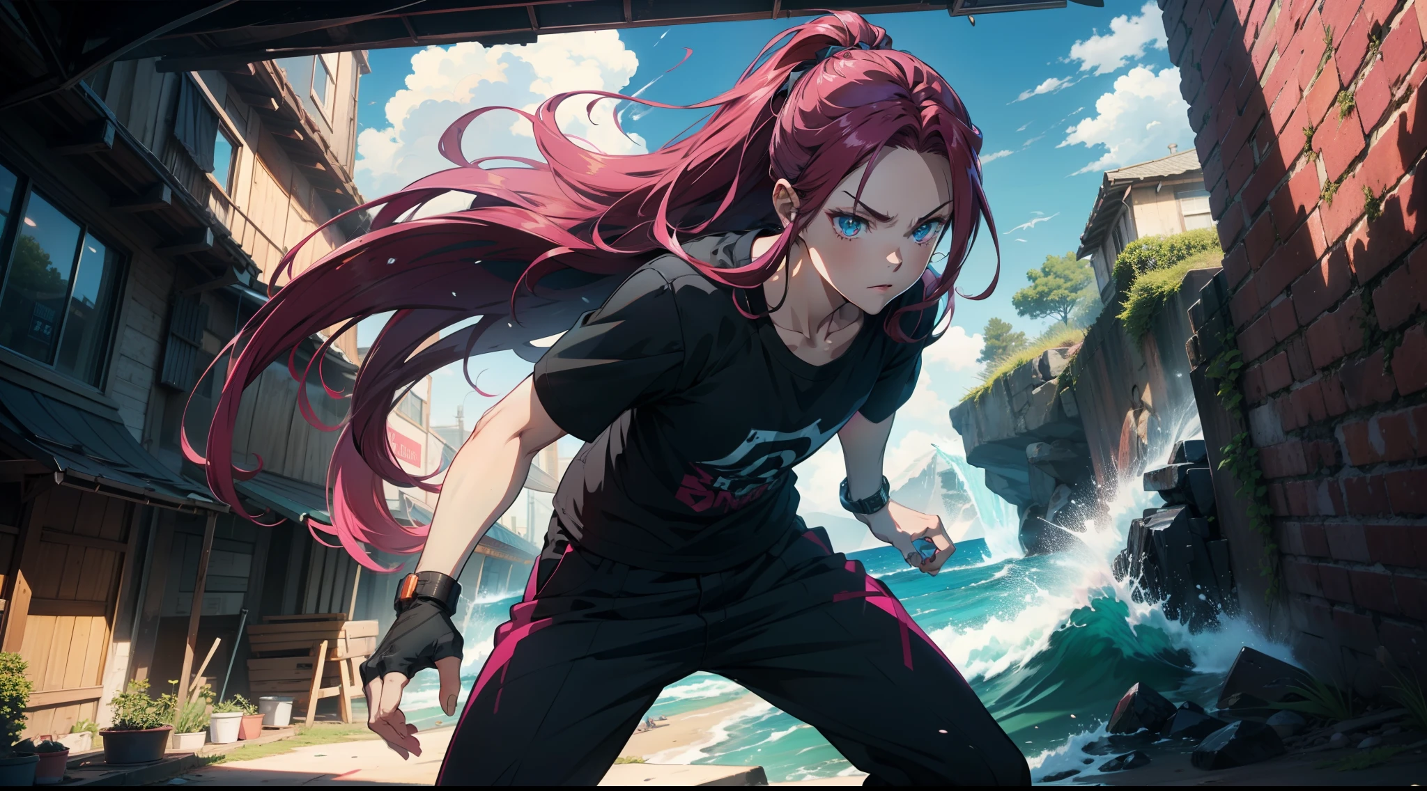 {{{{ masterpiece }}}},{{{{ 4K }}}},{{{{ badass anime 8 k }}}}, {{{{{{{{ long hair }}}}}}}}, {{{{{{{{ pink red half hair }}}}}}}}, (extremely detailed CG, ultra-detailed, best shadow), (scenery: 1.2), Black Oversized TShirt,long pants,tidal wave