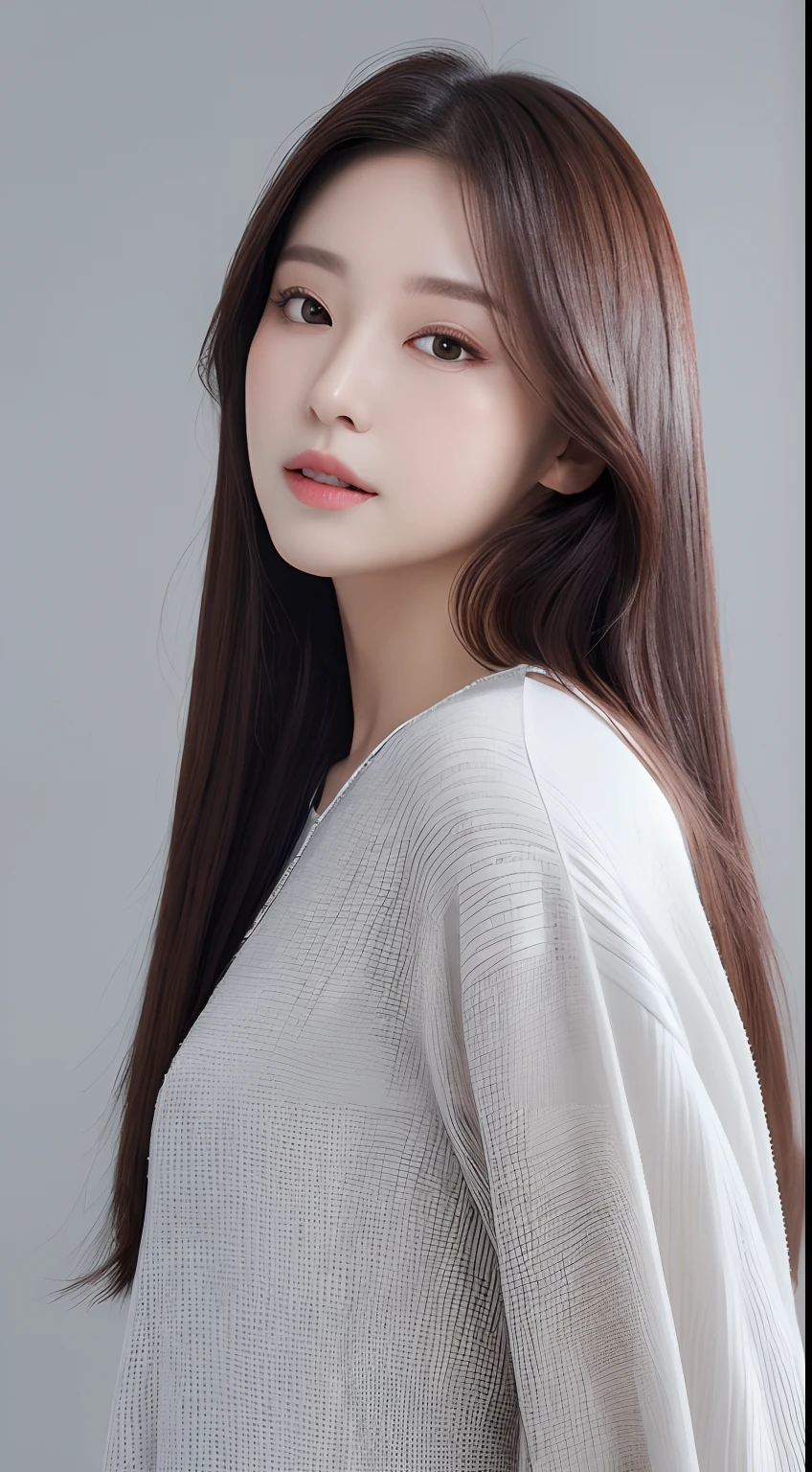 ((Realistic lighting、top-quality、8K、masterpiece:1.3))、Clear focus:1.2、1girl in、flawless beauty:1.4、、Neat and clean clothing、One-piece clothes、Superfine Face、Narrow-eyed、二重まぶた、lighting like a movie、photos realistic、28 year old、Face like a K-pop idol、white backgrounid、Gray background、Mature Woman、Classy makeup、Angle of pull、length hair、Longhaire、Long hair、Straight hair、Korea person、Rolled hair