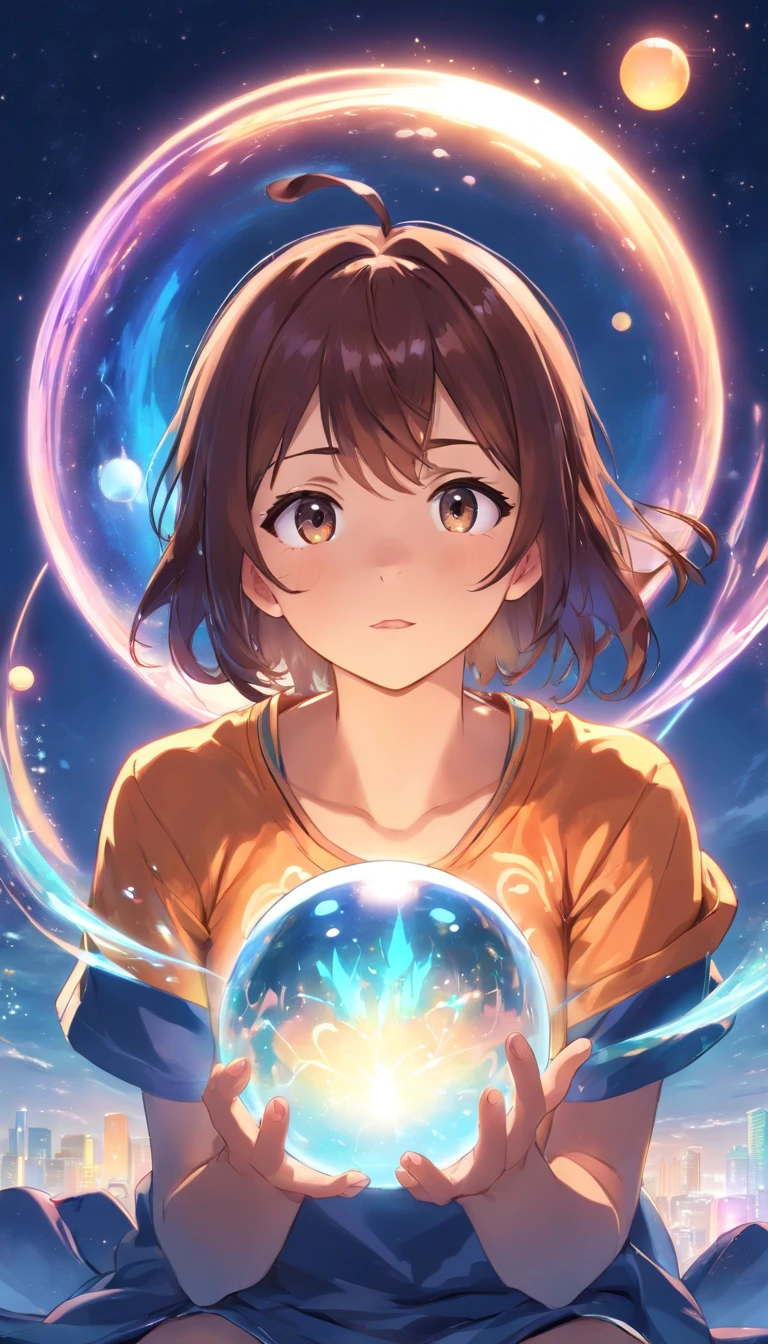 ((1girll)), anime big breast, kurzes dunkles Haar, Dark skin, Shiny spectacle lenses, Mouth closed,face expressionless, Sitting, Her hands held a glowing sphere,While two other glowing spheres swirled around her.She wears sexy and transparent clothes,Clothes are wet