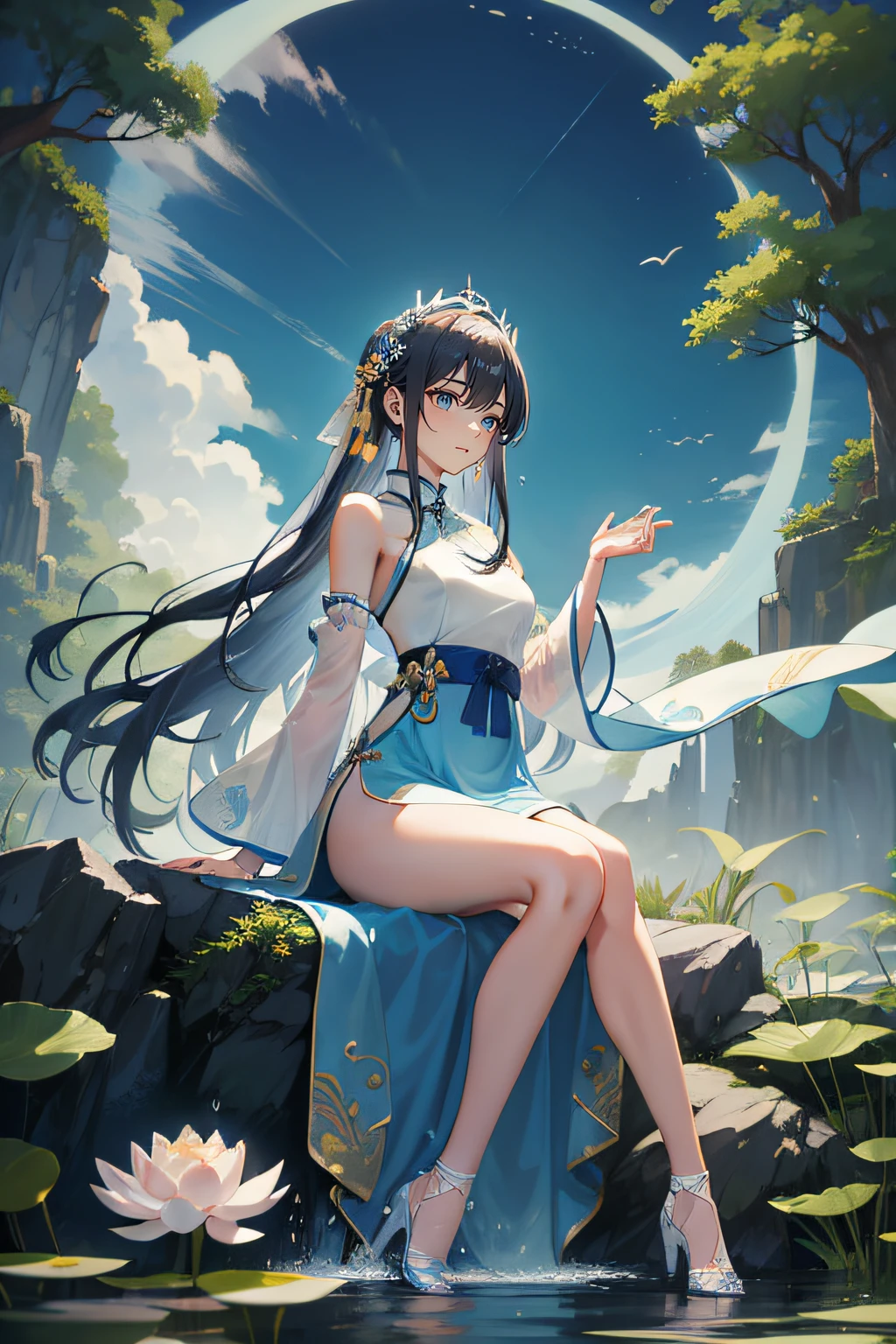 ((A close shot)) of a black-haired anime girl, sitting on a (temple), ((midnight)), cinematic light, slim body, skin is perfectly healthy, soft, and smooth, Extremely delicate and beautiful CG illustration, best quality, high resolution, dynamic angle, full-length lens, (1 girl), floating, soft light, high-key lighting), glowing light, blue halo, feathers fluttering background, blue crystal, ((very cinematic)), ((half naked)), feet visible, barefoot