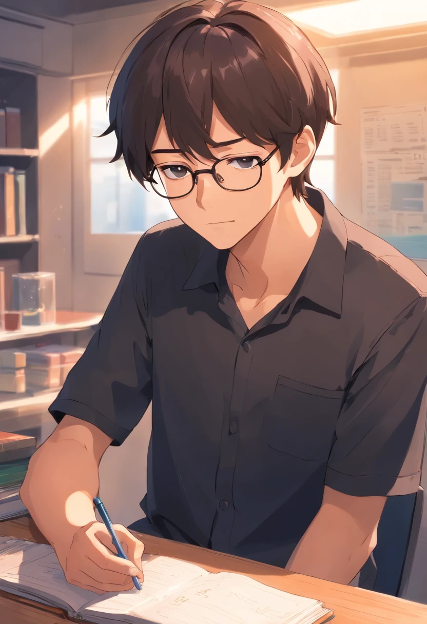 There was a man with glasses and a black shirt holding a cell phone, 8k Suchen、harf、wedding photo、Empty and godless、pondering。
