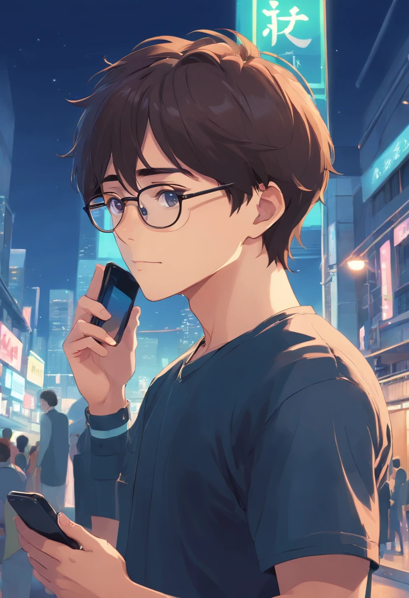 There was a man with glasses and a black shirt holding a cell phone, 8k Suchen、harf、wedding photo、Empty and godless、pondering。