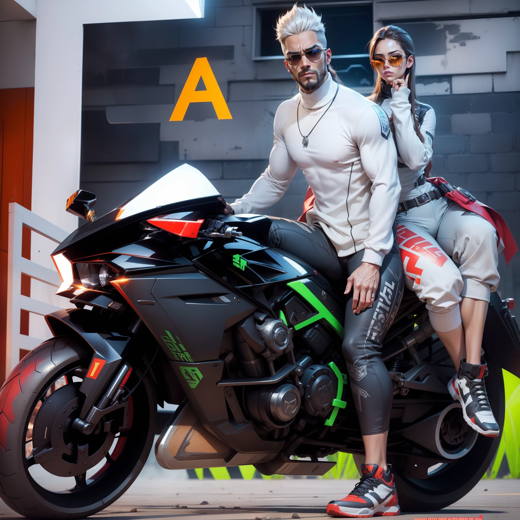 A free fire gaming character sitting on bike, (freefire game character) full hell background, hd ultra with 8 pack body muscles attitude pose free fire male character with a beautiful and hot girl wearing a sunglass (beautiful and hot girl with sunglass ping long hair)